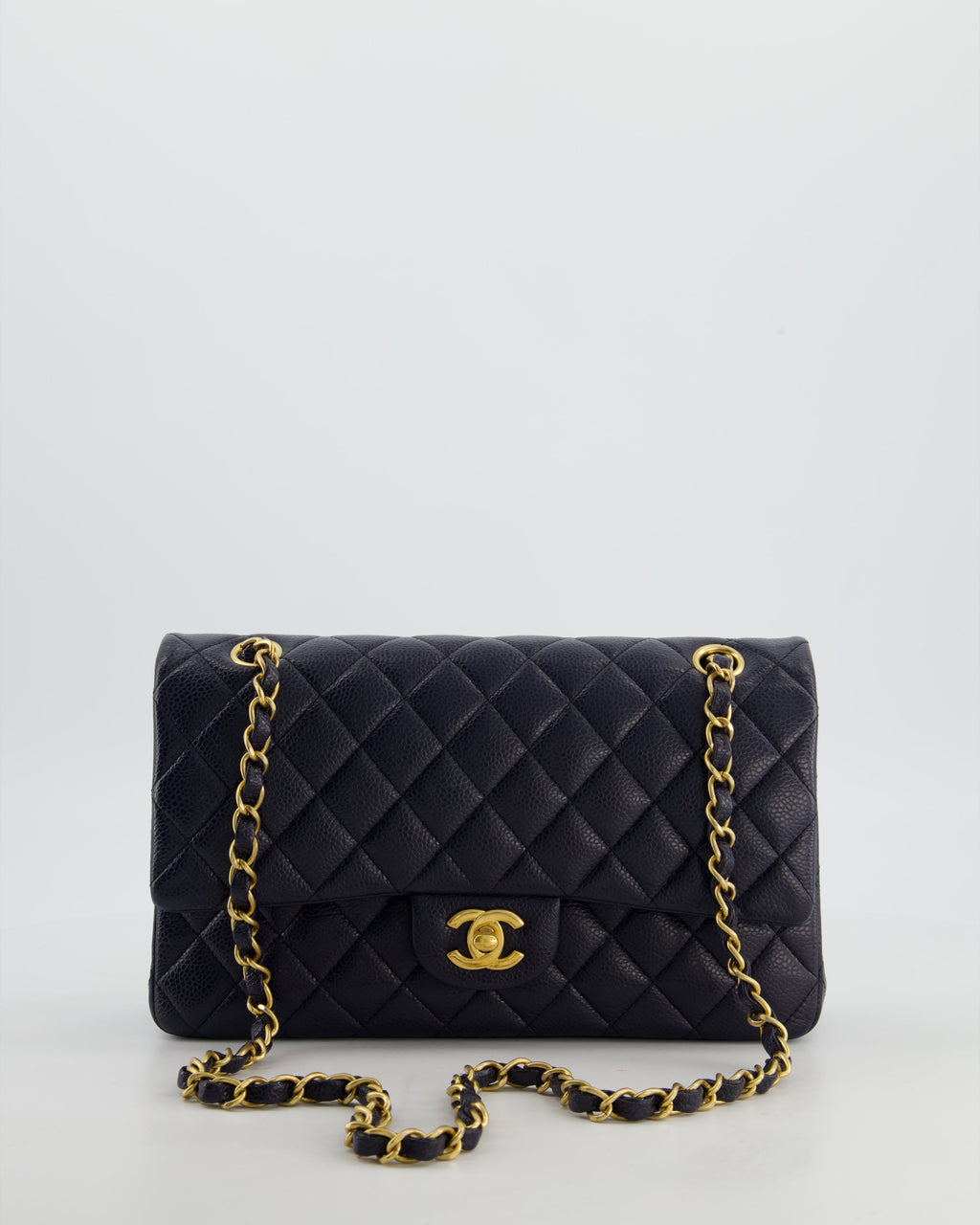 Chanel Medium Navy Classic Double Flap Bag in Caviar Leather with Aged Brushed Gold Hardware