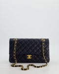 Chanel Medium Navy Classic Double Flap Bag in Caviar Leather with Aged Brushed Gold Hardware