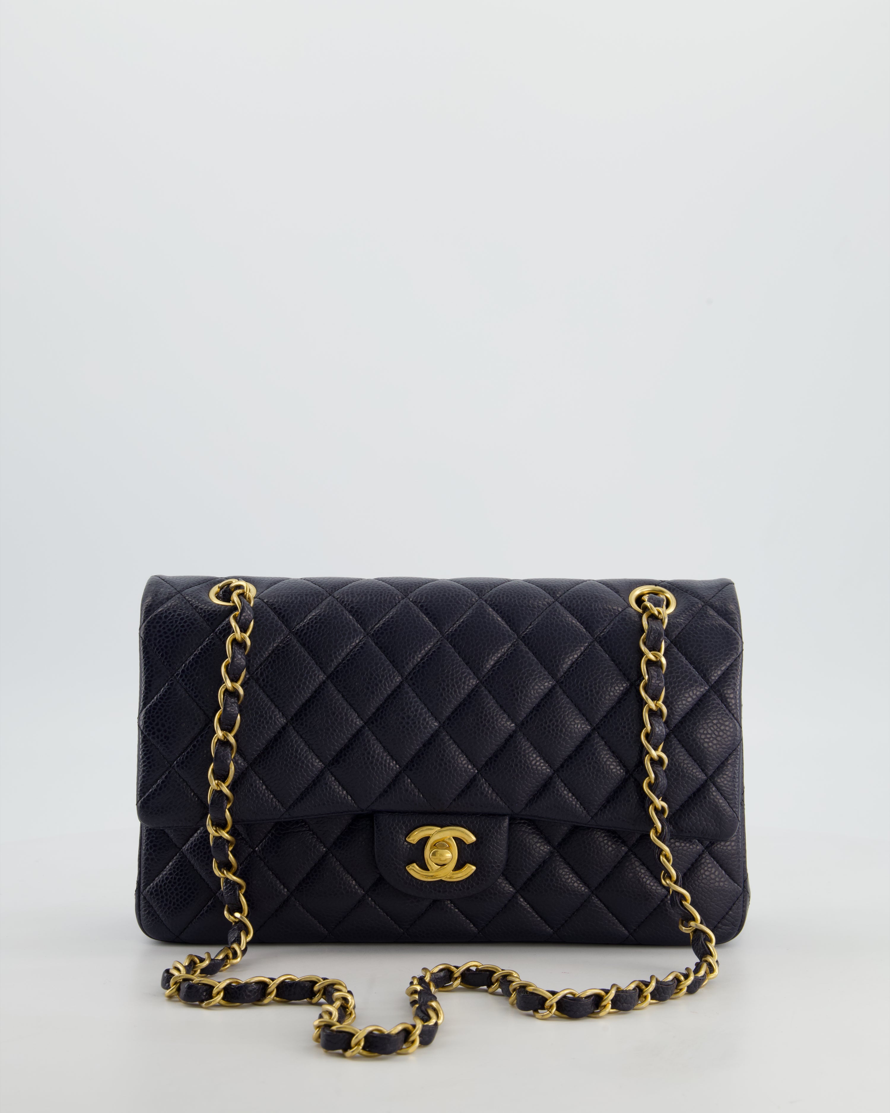 Chanel Medium Navy Classic Double Flap Bag in Caviar Leather with Aged Brushed Gold Hardware