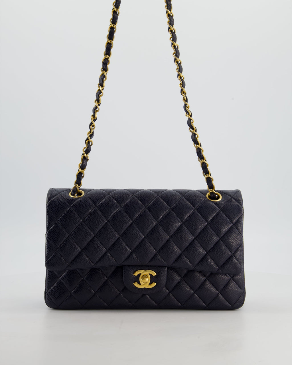 Chanel Medium Navy Classic Double Flap Bag in Caviar Leather with Aged Brushed Gold Hardware