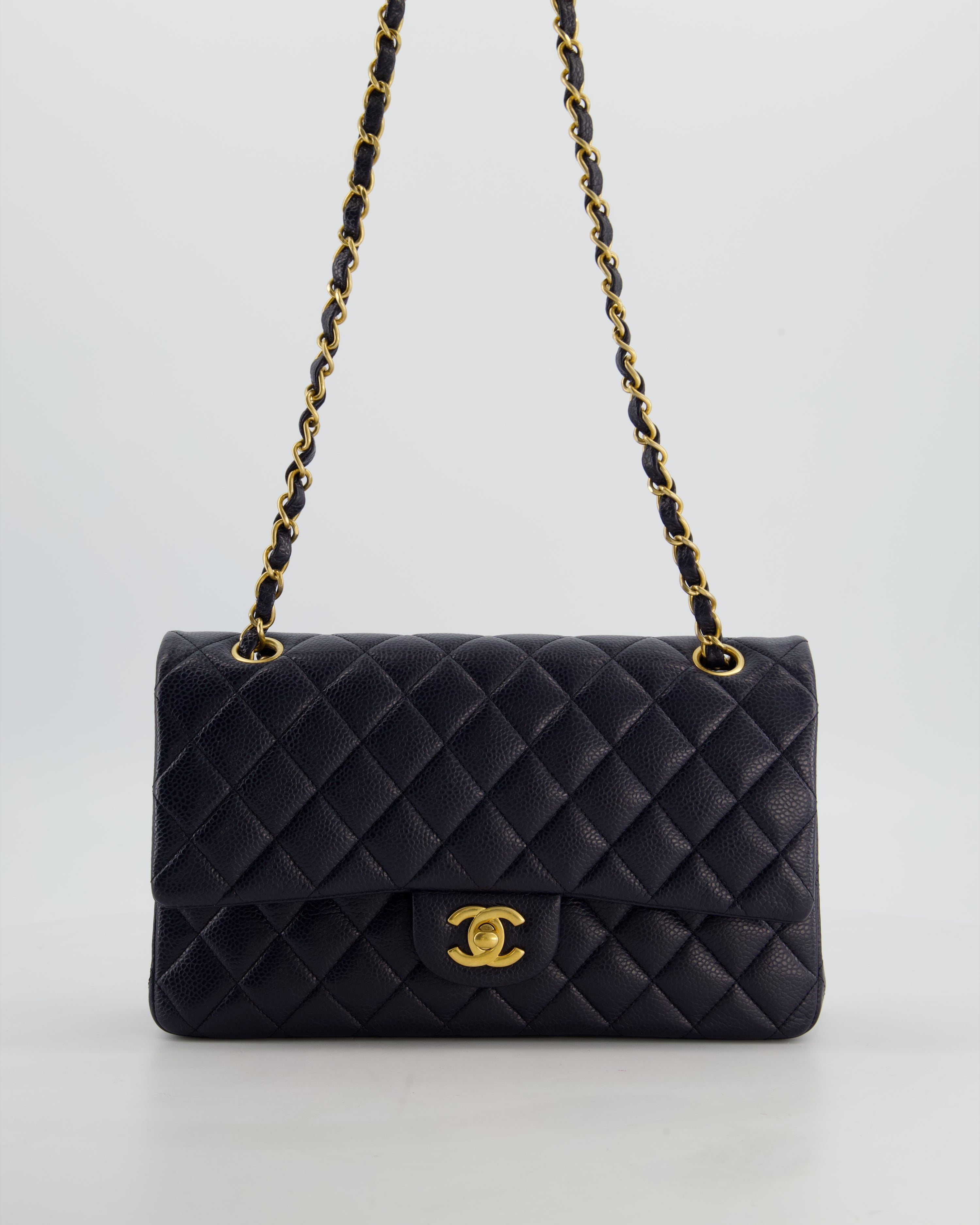 Chanel Medium Navy Classic Double Flap Bag in Caviar Leather with Aged Brushed Gold Hardware