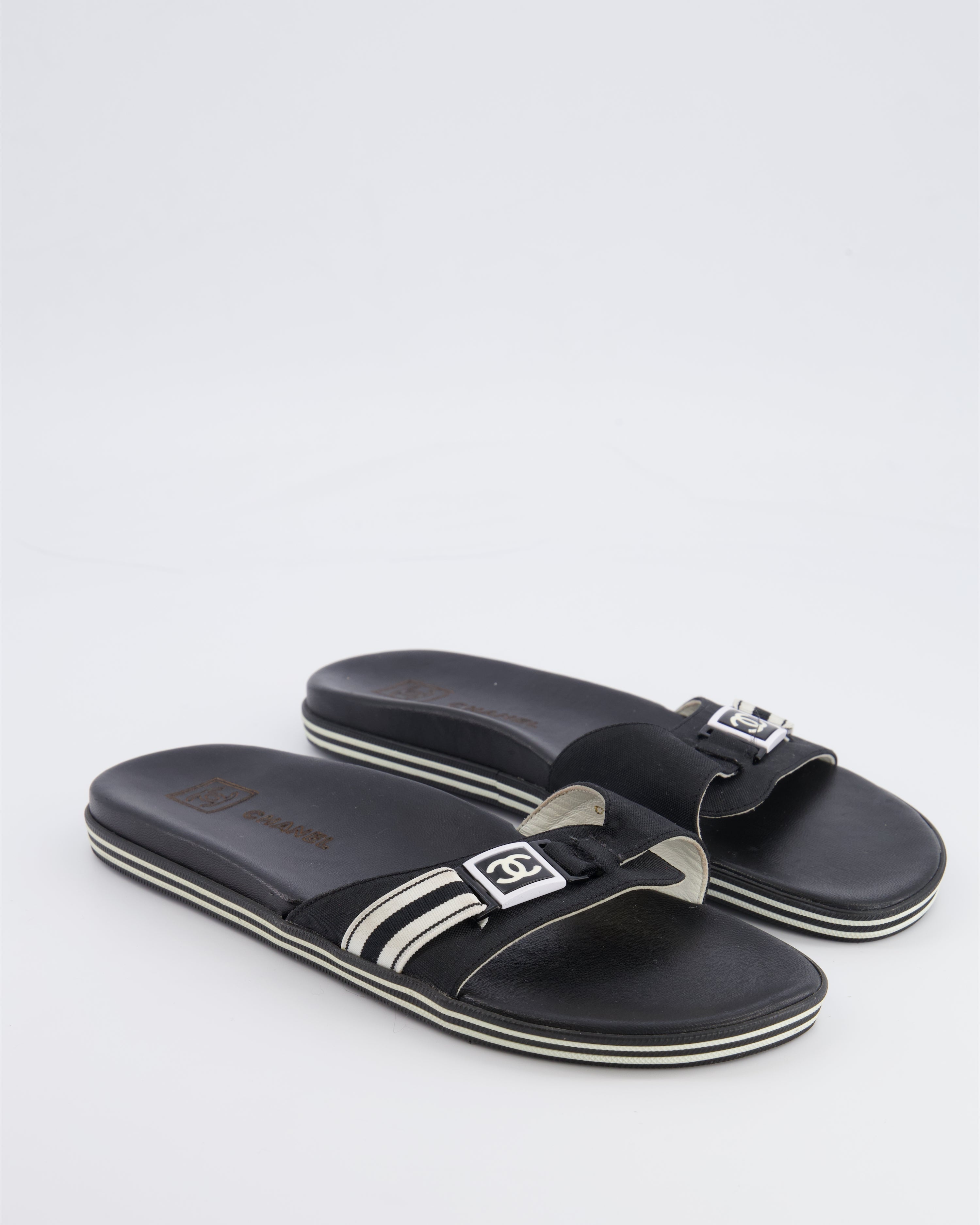 Chanel Spring 2006 Vintage Black Strap Mules with White Logo Detail Size 38