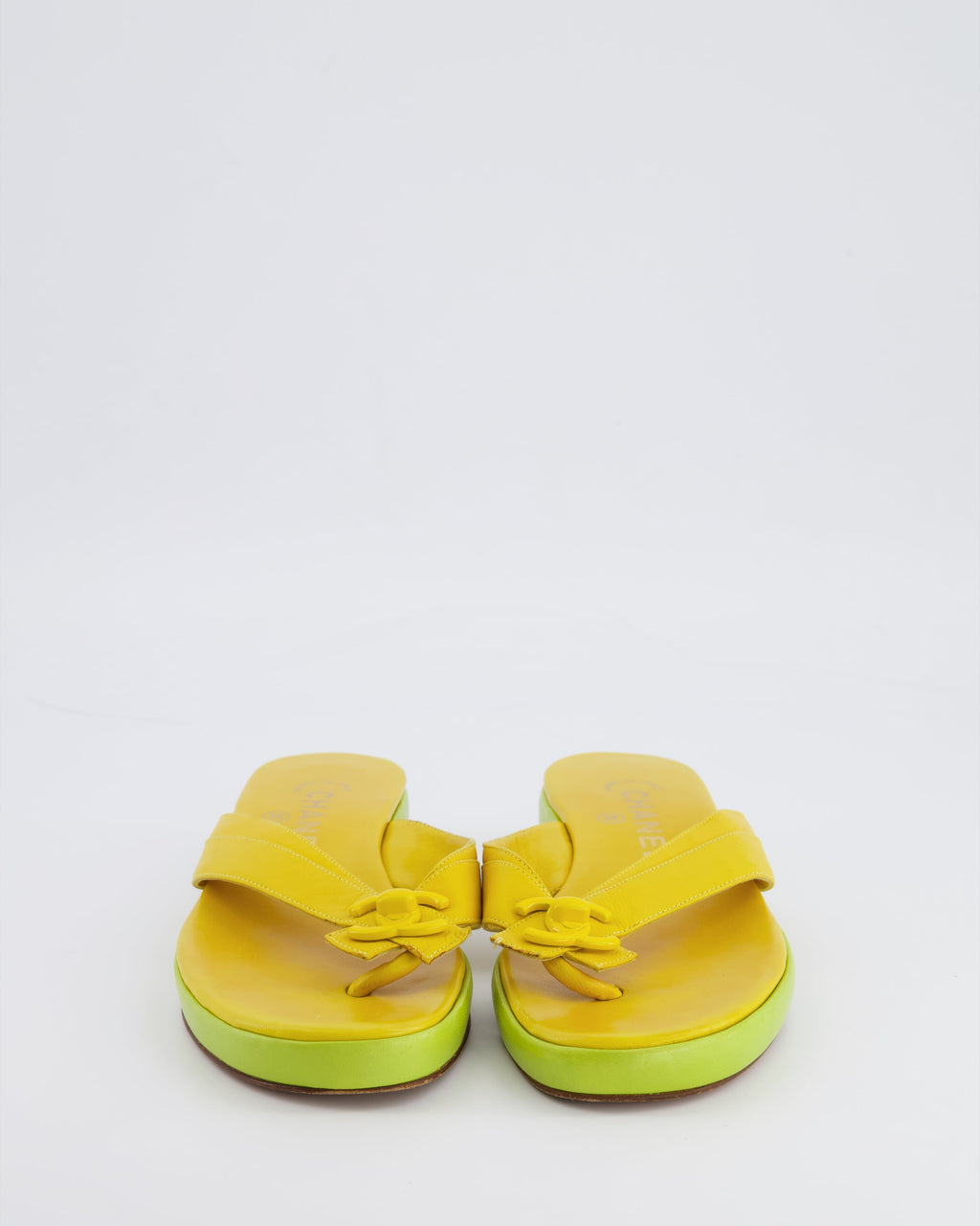 Chanel 2002 Vintage Yellow and Green Leather Heeled Flip Flops with CC Logo Detailing Size 38