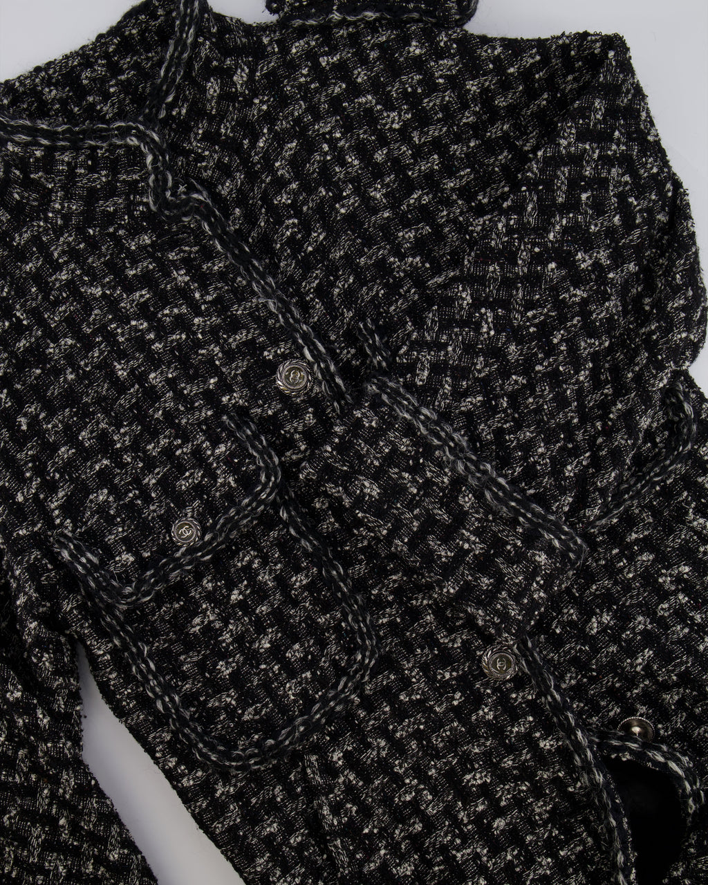 Chanel Pre-Fall 2013 Black and White Tweed Coat with Pocket Details and Silver CC Logo Buttons Size FR 36 (UK 8)