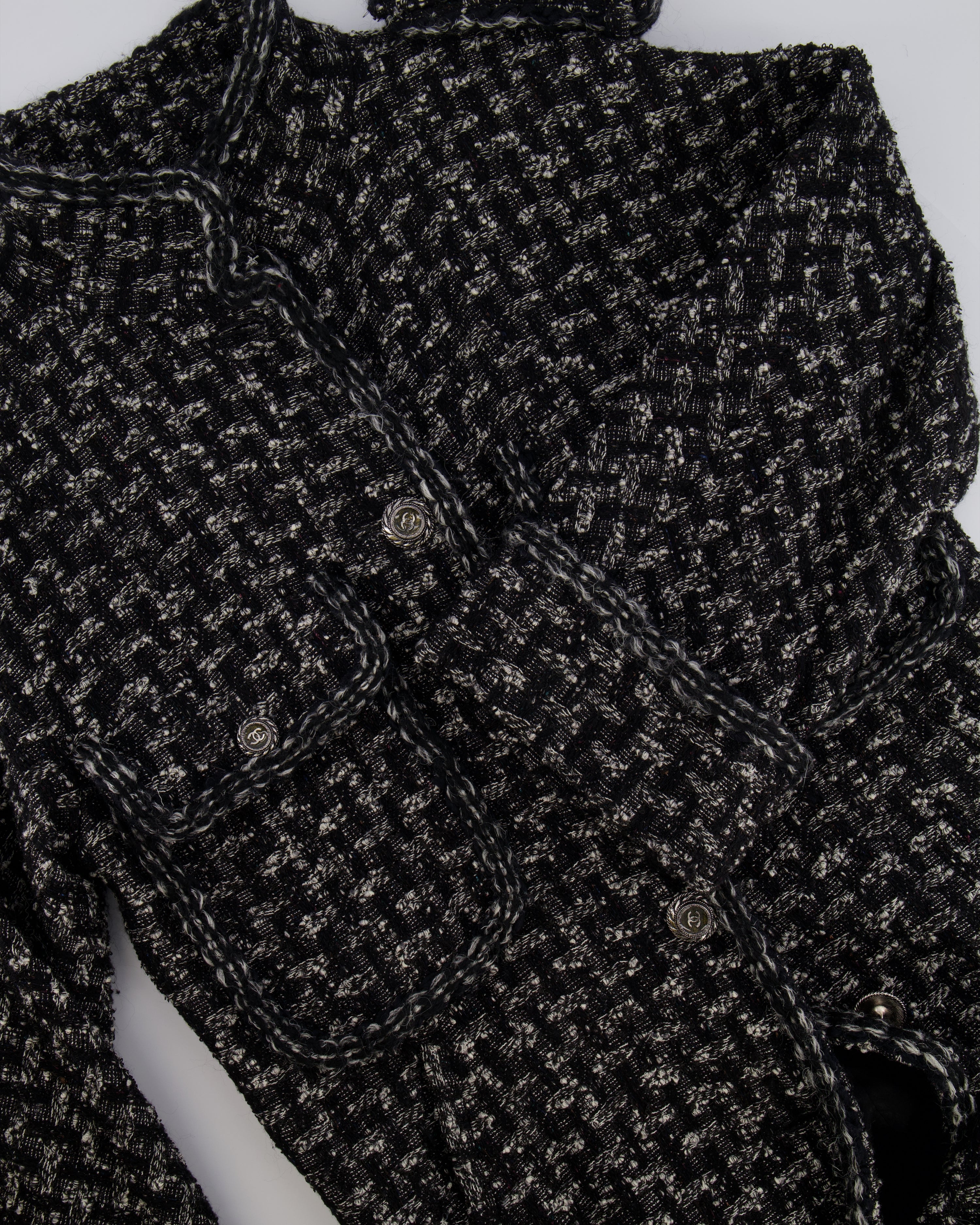 Chanel Pre-Fall 2013 Black and White Tweed Coat with Pocket Details and Silver CC Logo Buttons Size FR 36 (UK 8)