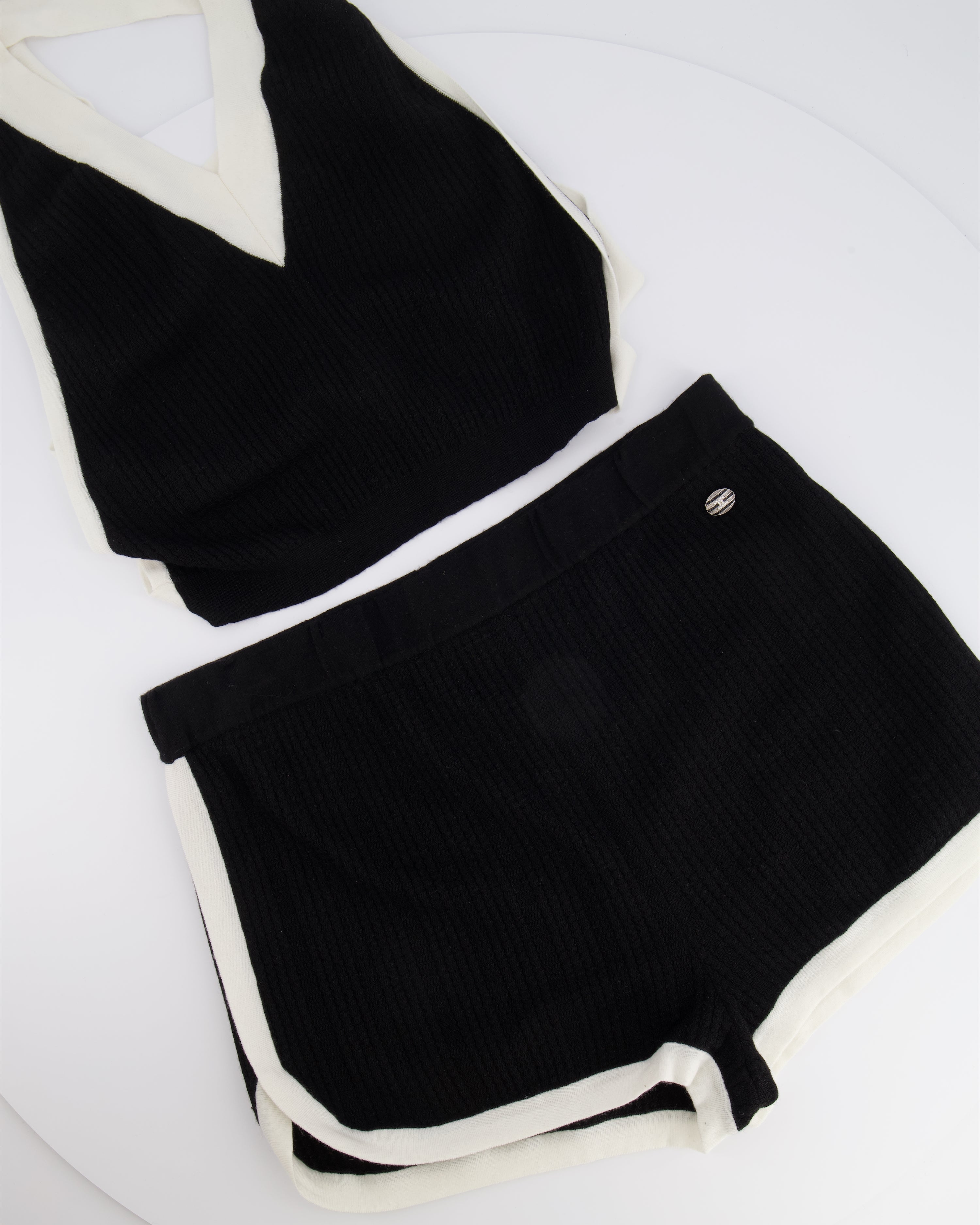 Chanel 24/C Black Cashmere Top and Shorts Set with White Trim Details and Black and White Striped Crystal CC Logo Buttons Size FR 36/40 (UK 8/12)