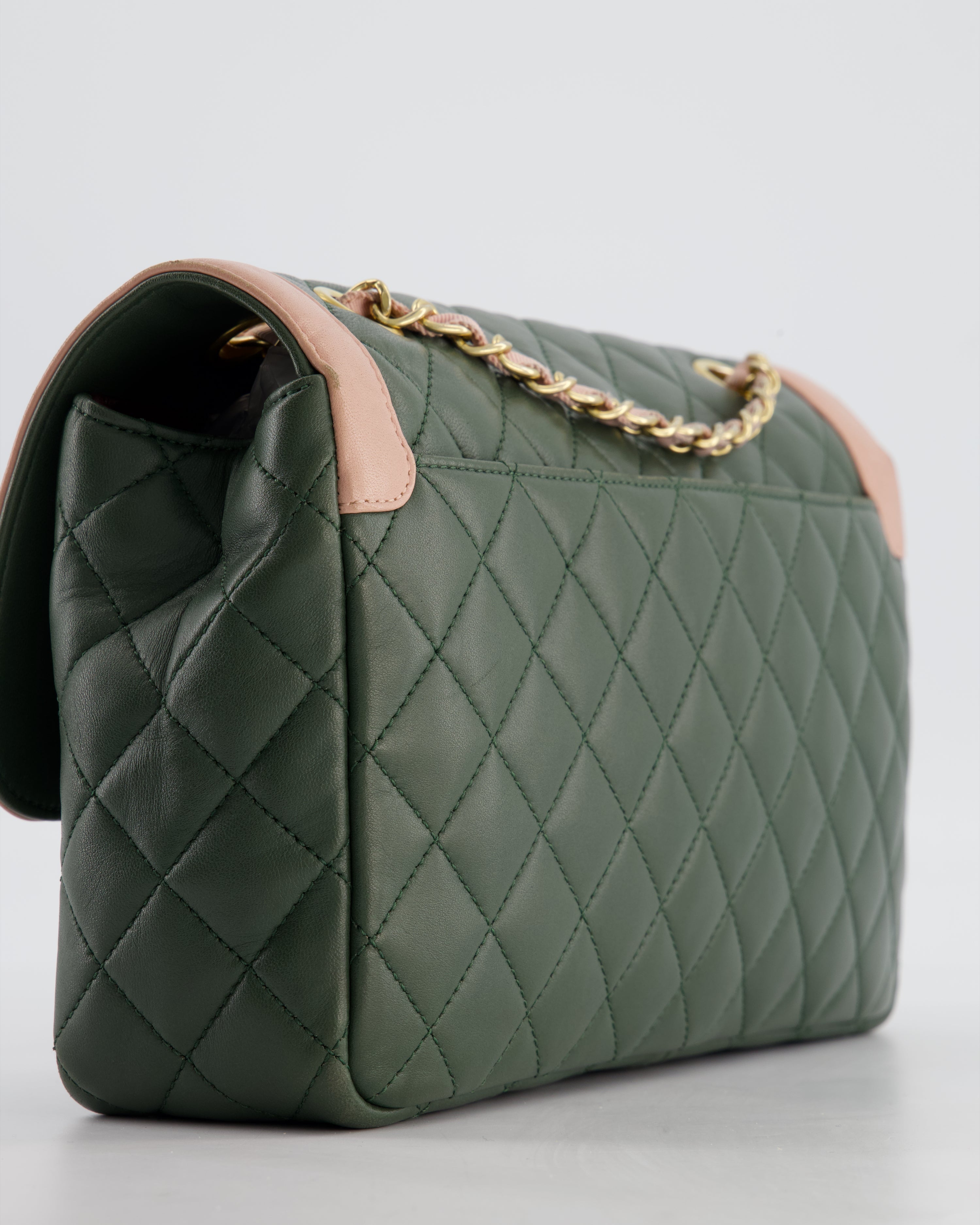 Chanel Khaki and Pink Single Flap Bag in Lambskin Leather with Gold Hardware