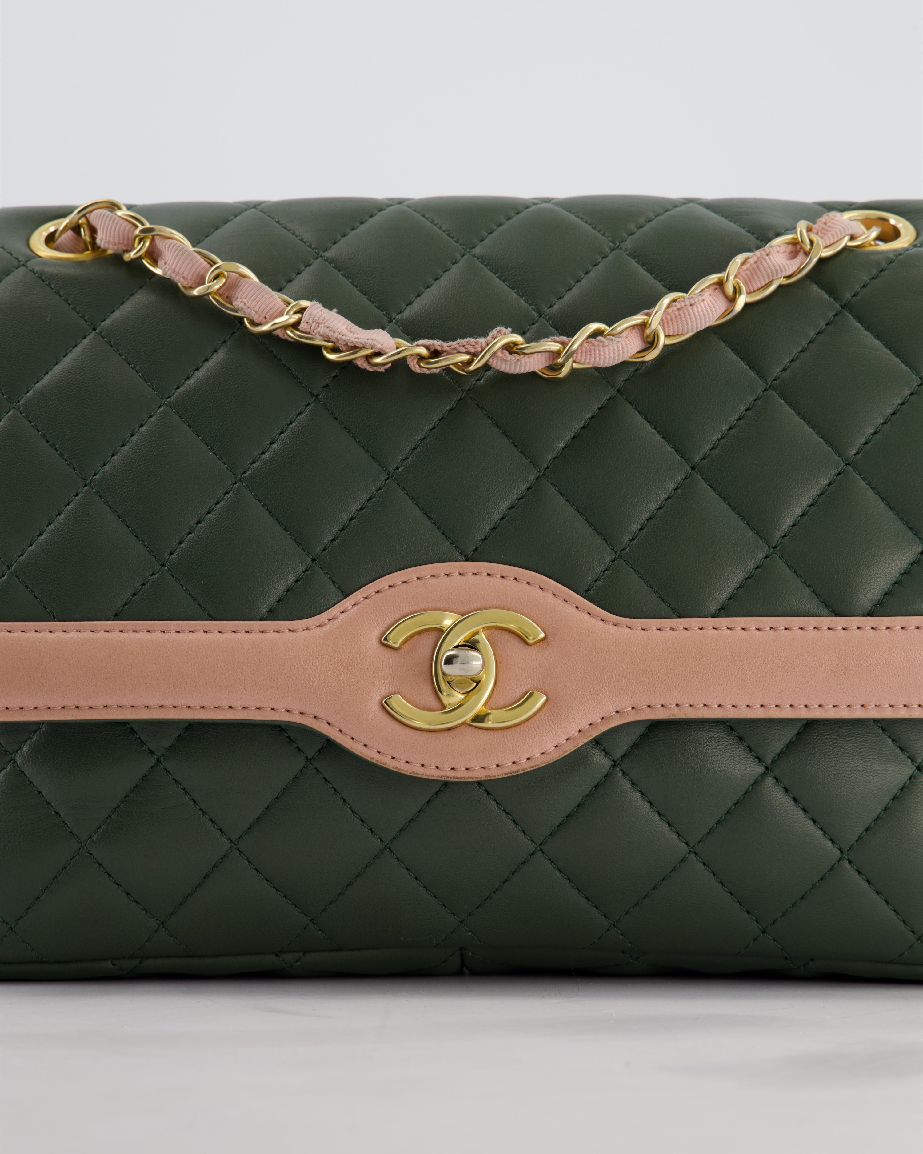 Chanel Khaki and Pink Single Flap Bag in Lambskin Leather with Gold Hardware