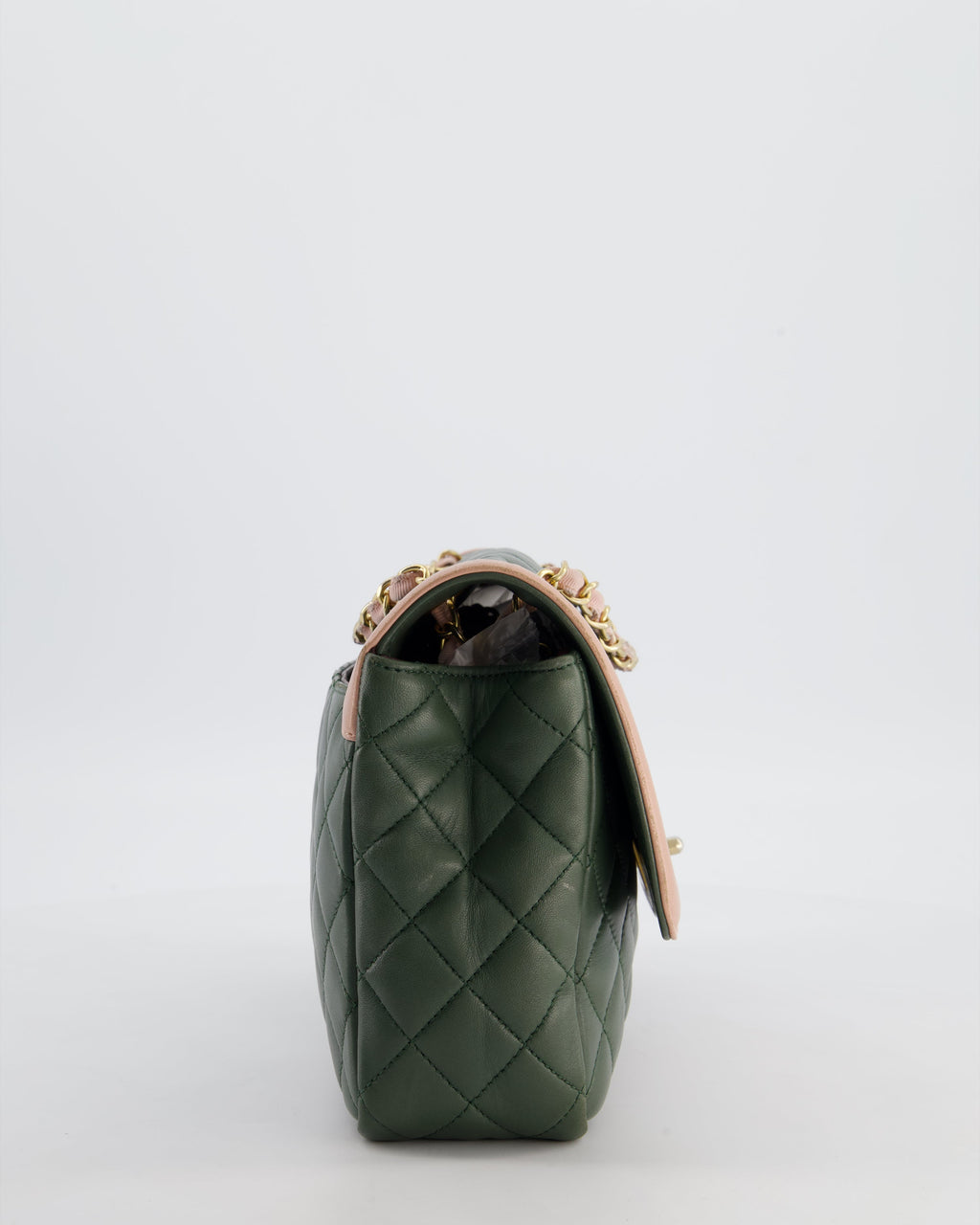 Chanel Khaki and Pink Single Flap Bag in Lambskin Leather with Gold Hardware