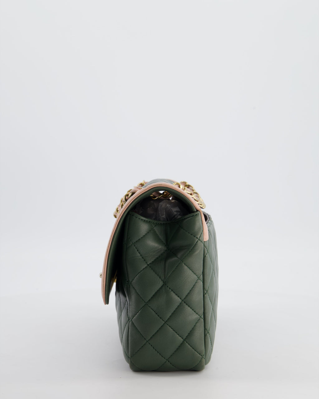 Chanel Khaki and Pink Single Flap Bag in Lambskin Leather with Gold Hardware