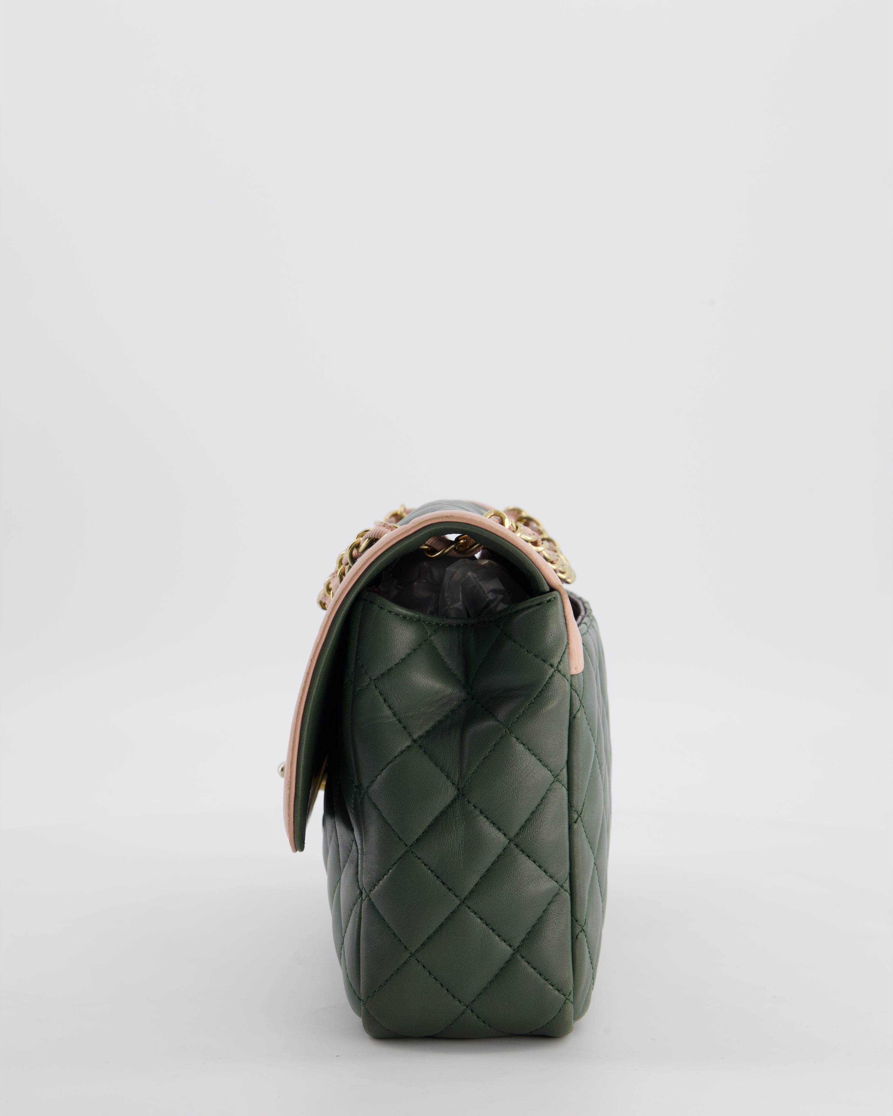 Chanel Khaki and Pink Single Flap Bag in Lambskin Leather with Gold Hardware