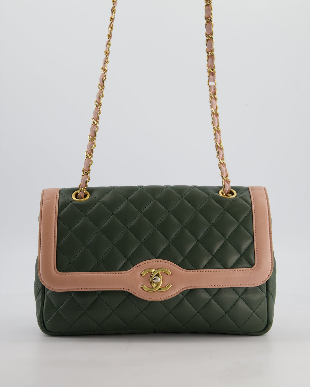 Chanel Khaki and Pink Single Flap Bag in Lambskin Leather with Gold Hardware