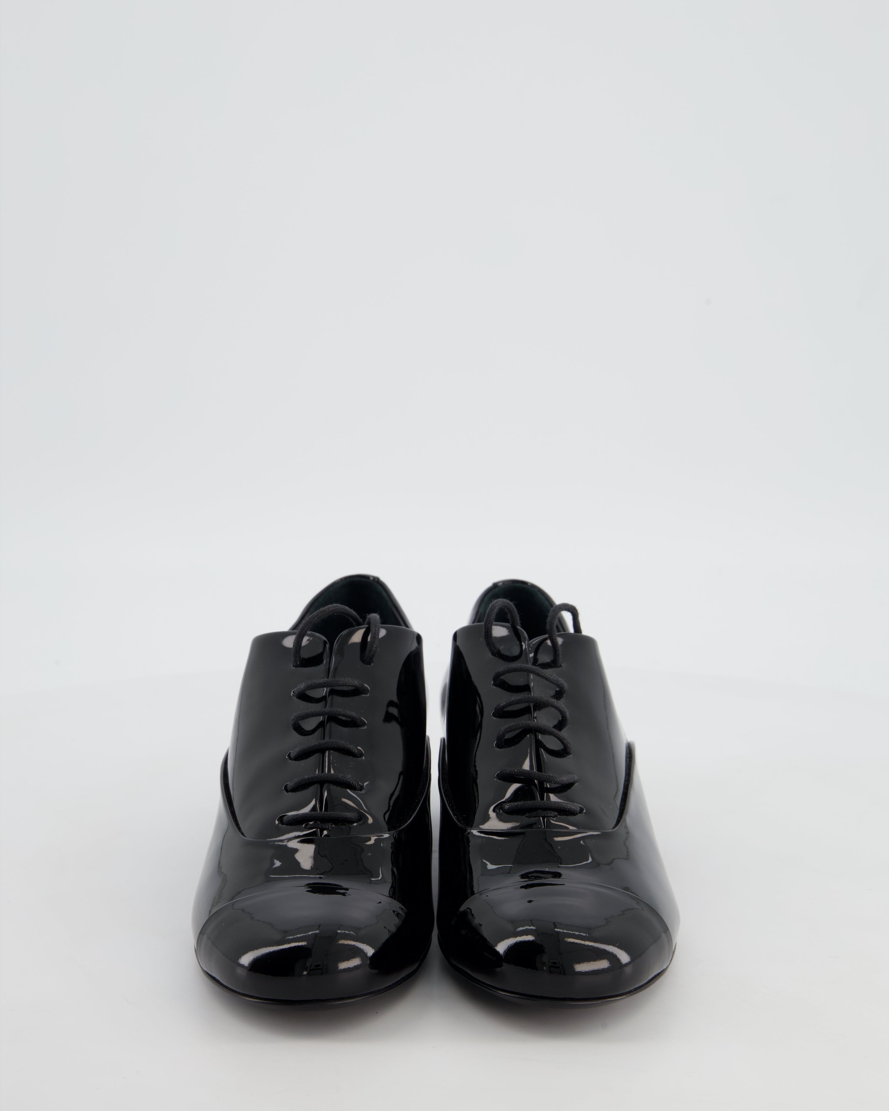 Chanel Black Patent Leather Lace Up Shoes with Pearl and Gold CC Heel Detail Size EU 36.5