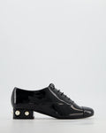 Chanel Black Patent Leather Lace Up Shoes with Pearl and Gold CC Heel Detail Size EU 36.5