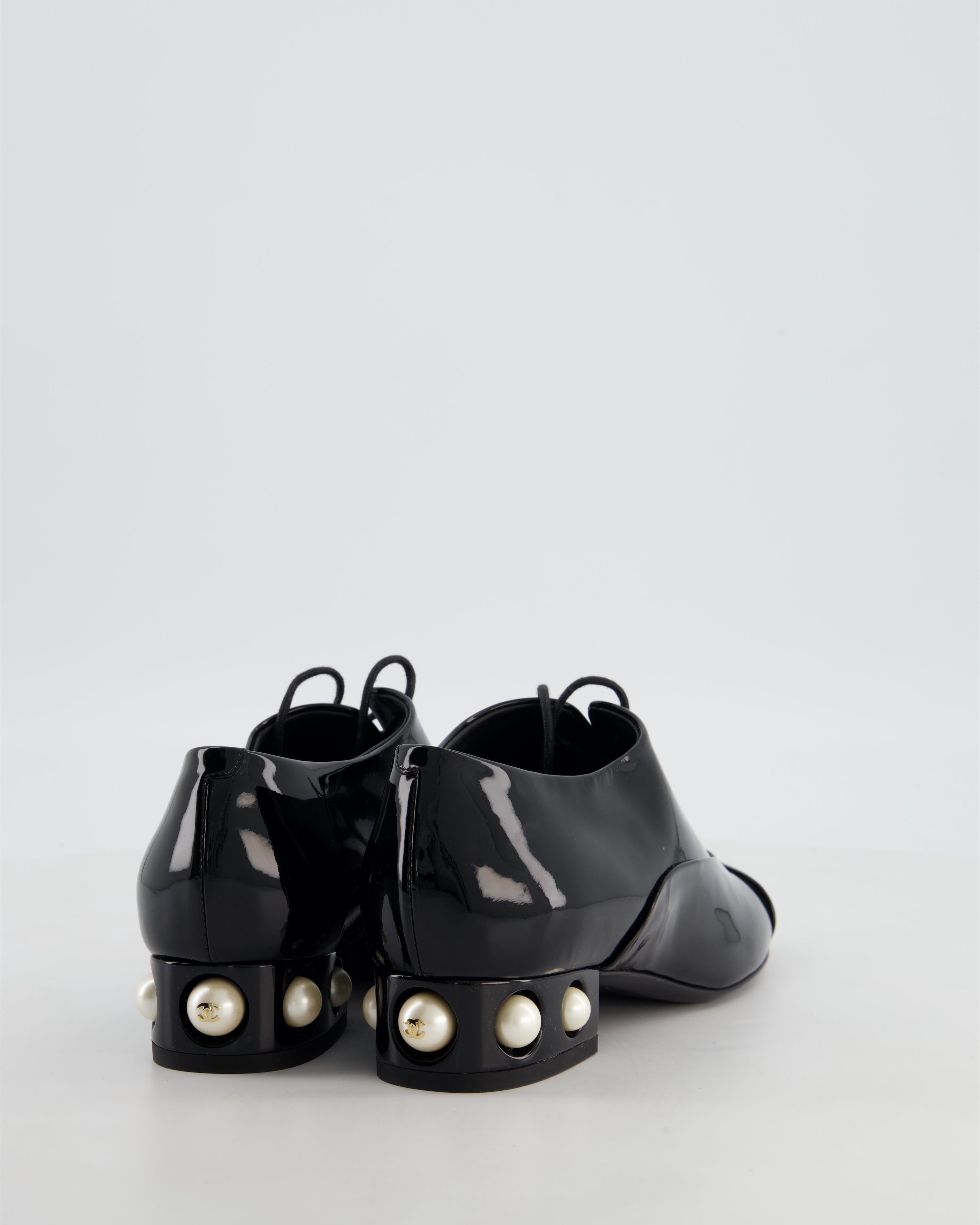Chanel Black Patent Leather Lace Up Shoes with Pearl and Gold CC Heel Detail Size EU 36.5