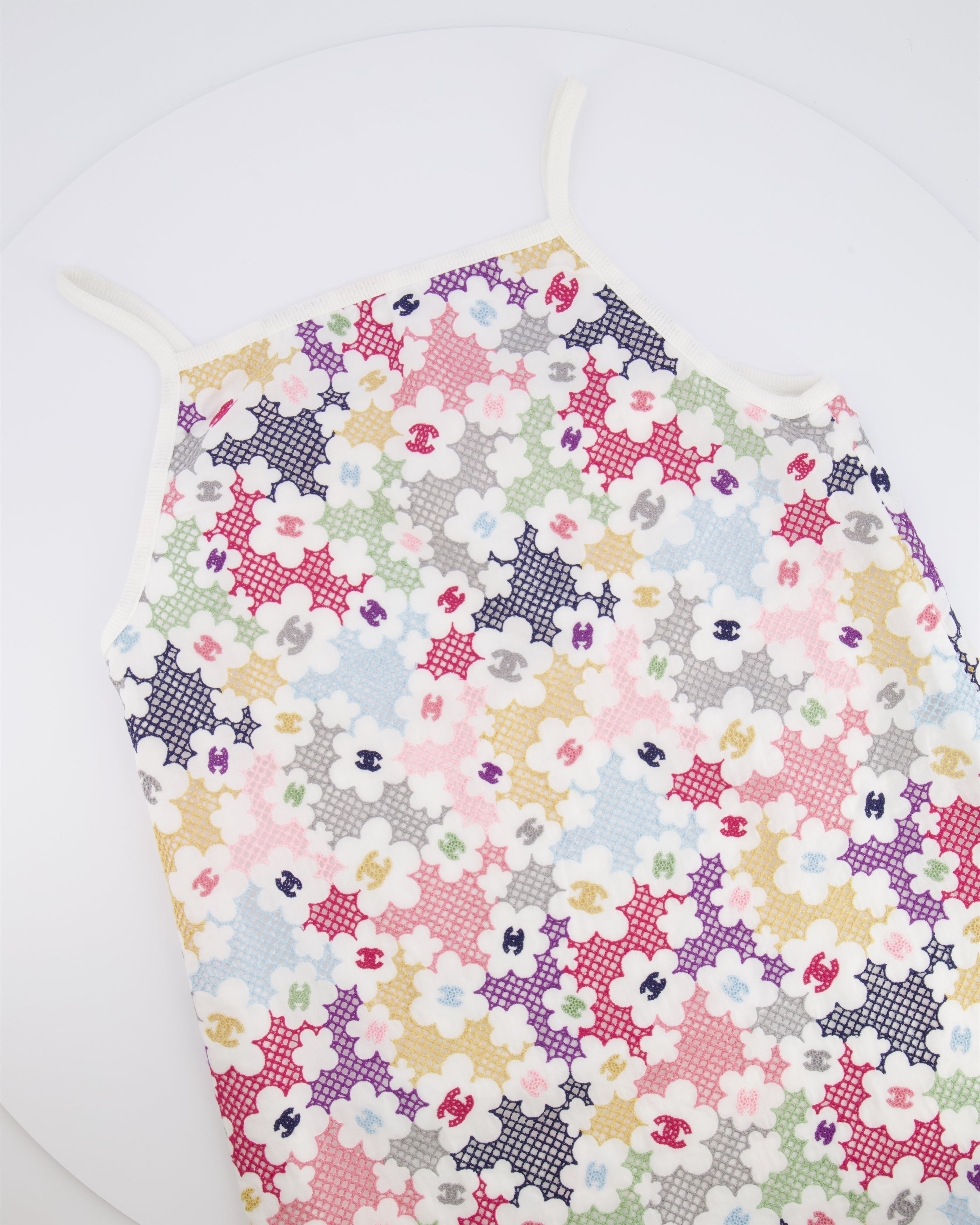Chanel Pre-Spring 2024 White and Multicolour Embroidered Floral CC Logo Midi Dress Size FR 38 (UK 10)