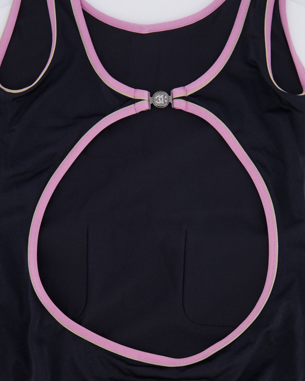 Chanel 25M Coco Beach Black One-Piece Swimsuit with Pink Trims Crystal CC Logo Details Size FR 36 (UK 8)