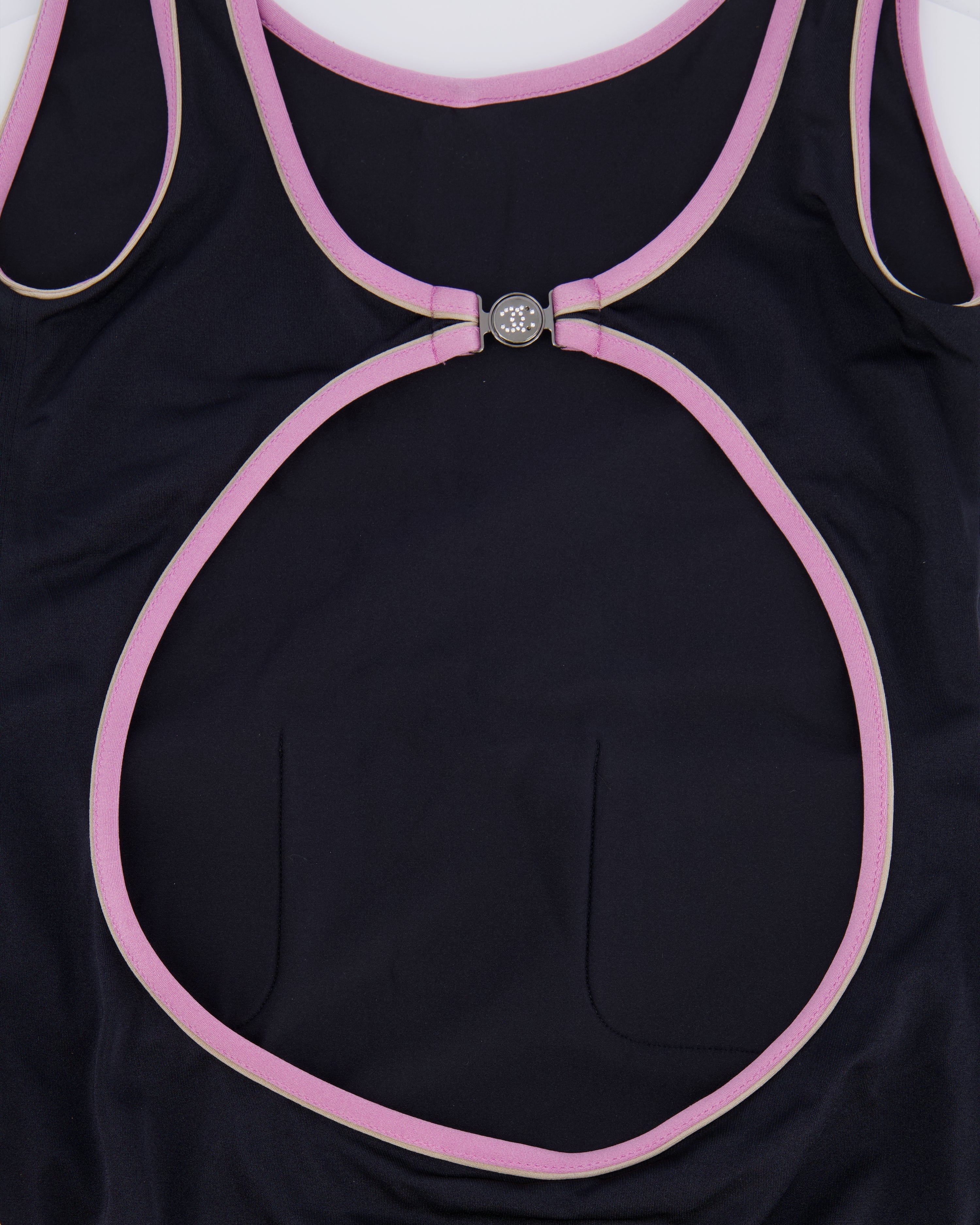 Chanel 25M Coco Beach Black One-Piece Swimsuit with Pink Trims Crystal CC Logo Details Size FR 36 (UK 8)