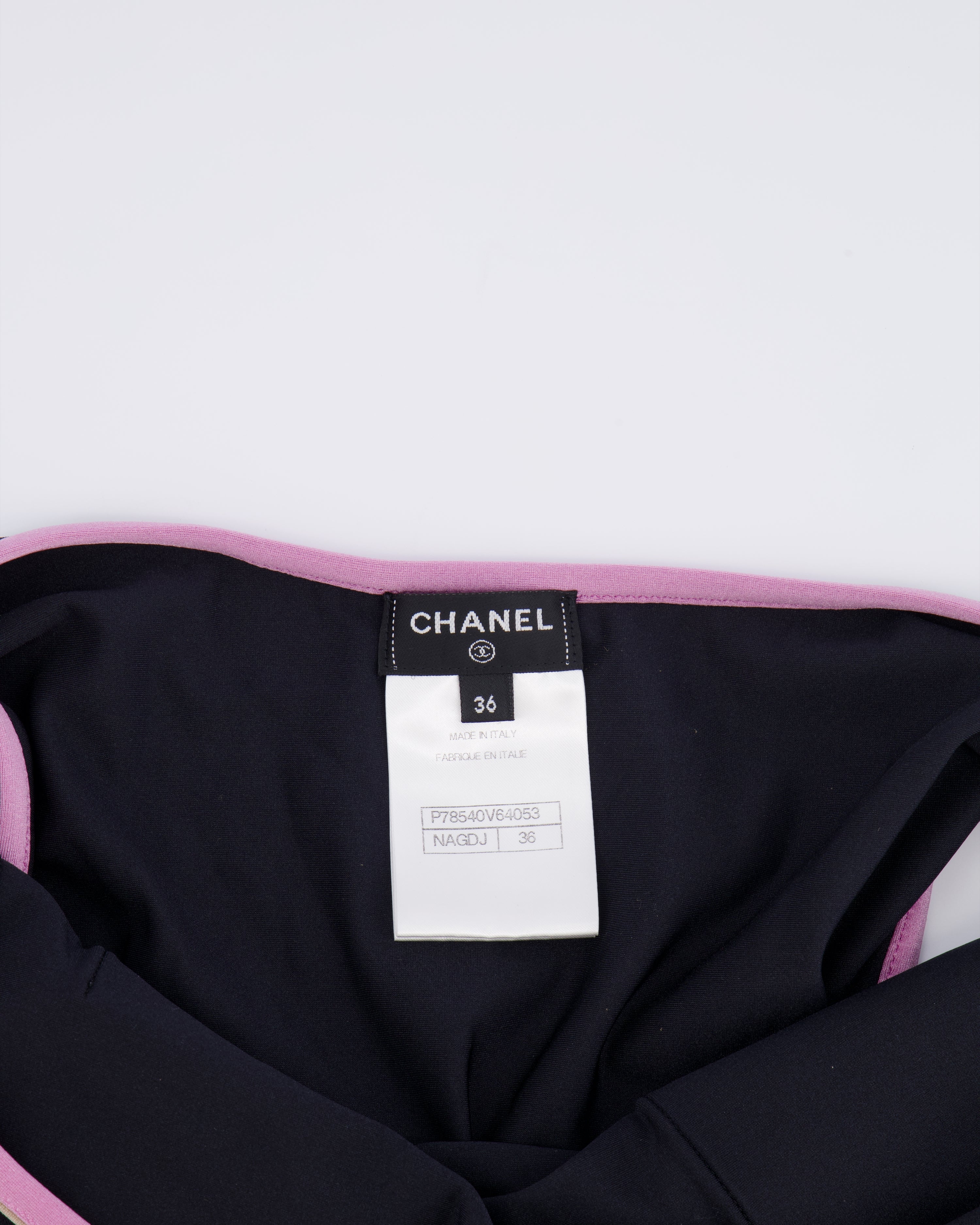 Chanel 25M Coco Beach Black One-Piece Swimsuit with Pink Trims Crystal CC Logo Details Size FR 36 (UK 8)