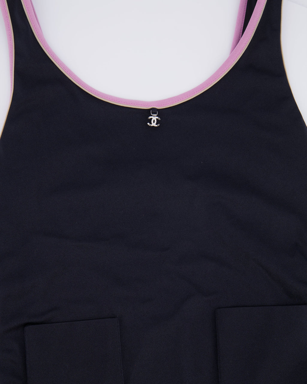 Chanel 25M Coco Beach Black One-Piece Swimsuit with Pink Trims Crystal CC Logo Details Size FR 36 (UK 8)