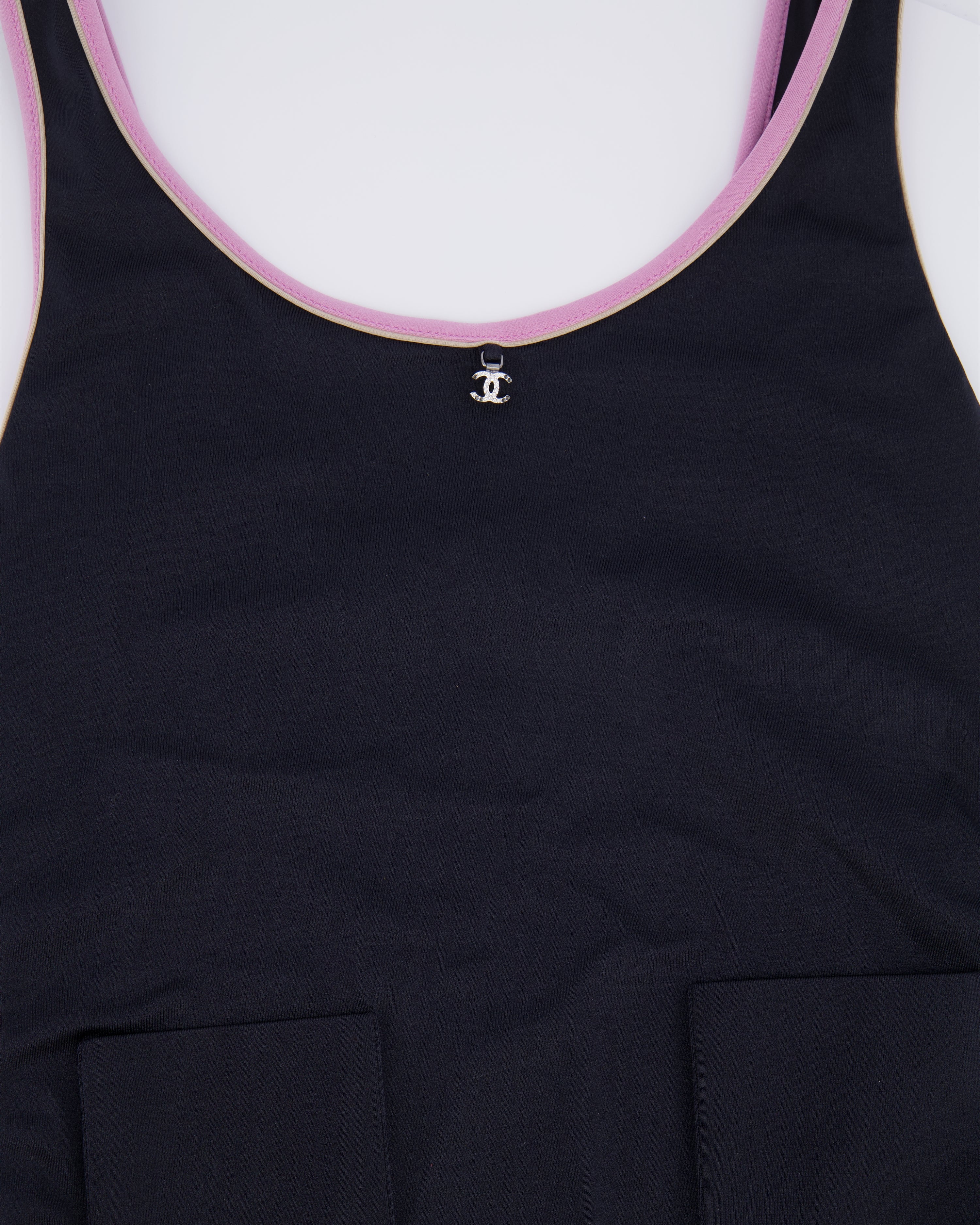Chanel 25M Coco Beach Black One-Piece Swimsuit with Pink Trims Crystal CC Logo Details Size FR 36 (UK 8)