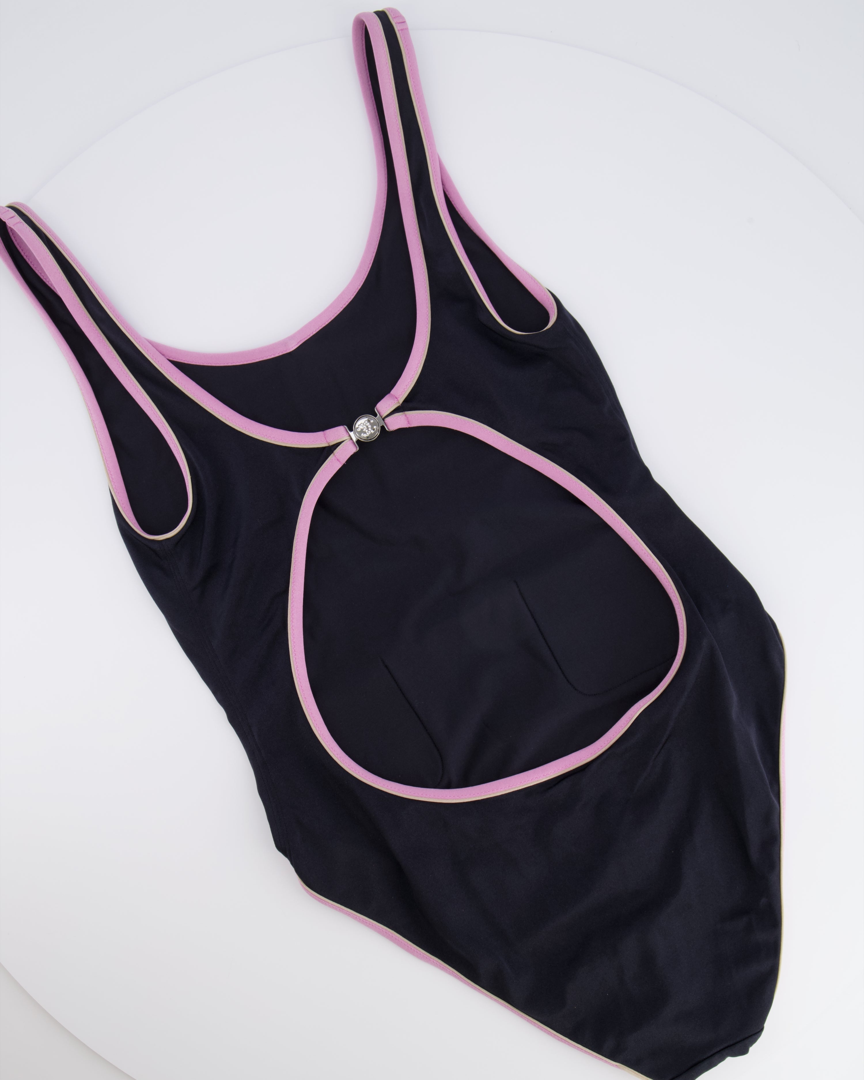 Chanel 25M Coco Beach Black One-Piece Swimsuit with Pink Trims Crystal CC Logo Details Size FR 36 (UK 8)
