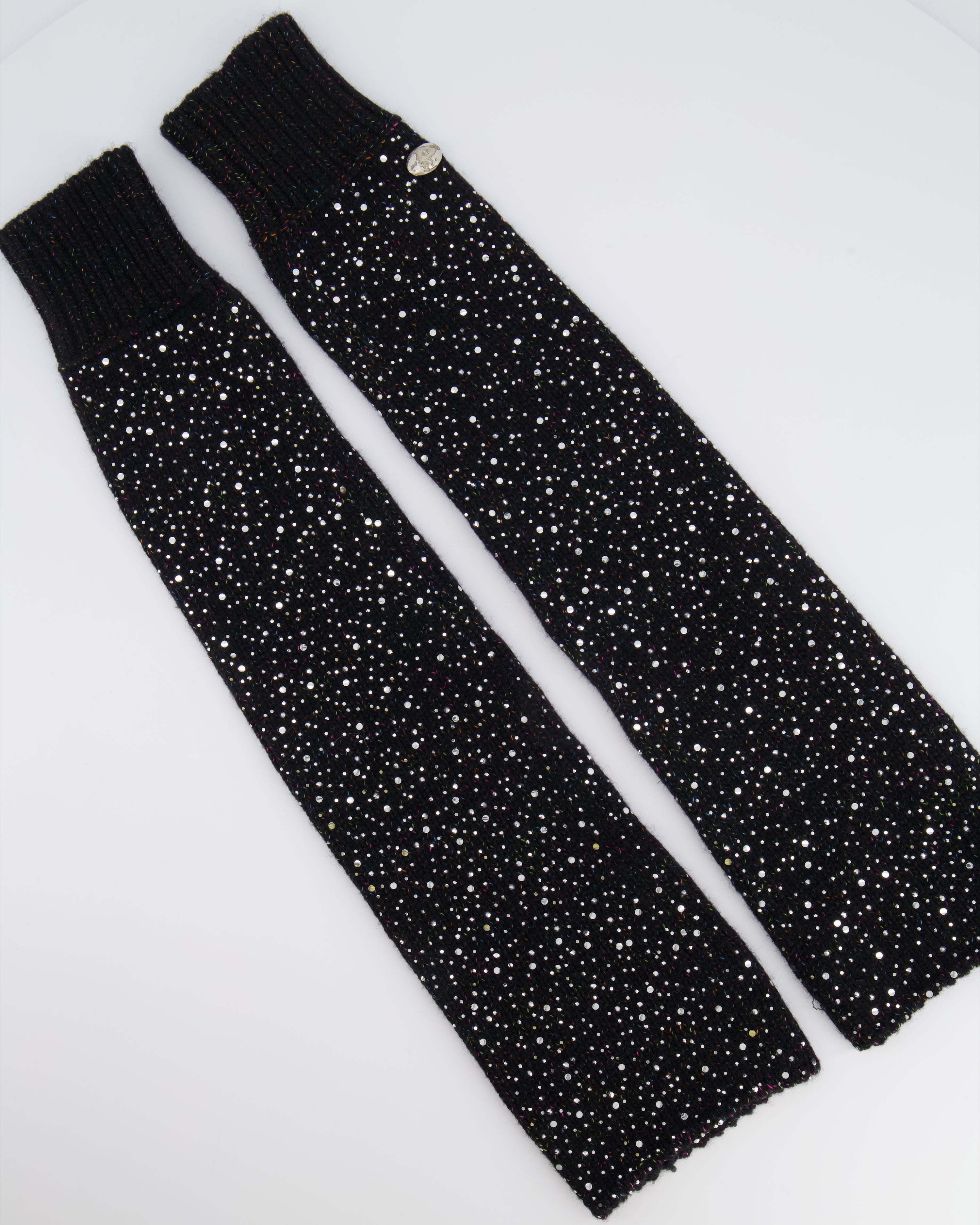 Chanel Black and Multi-Colour Wool Knitted Long Mitten Gloves with Silver Sequin Embellishments Size M