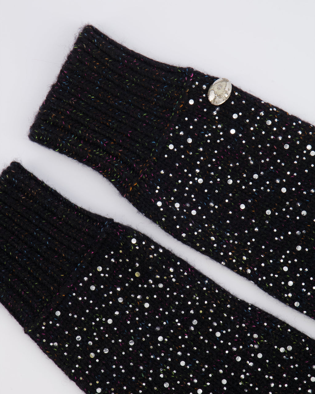 Chanel Black and Multi-Colour Wool Knitted Long Mitten Gloves with Silver Sequin Embellishments Size M