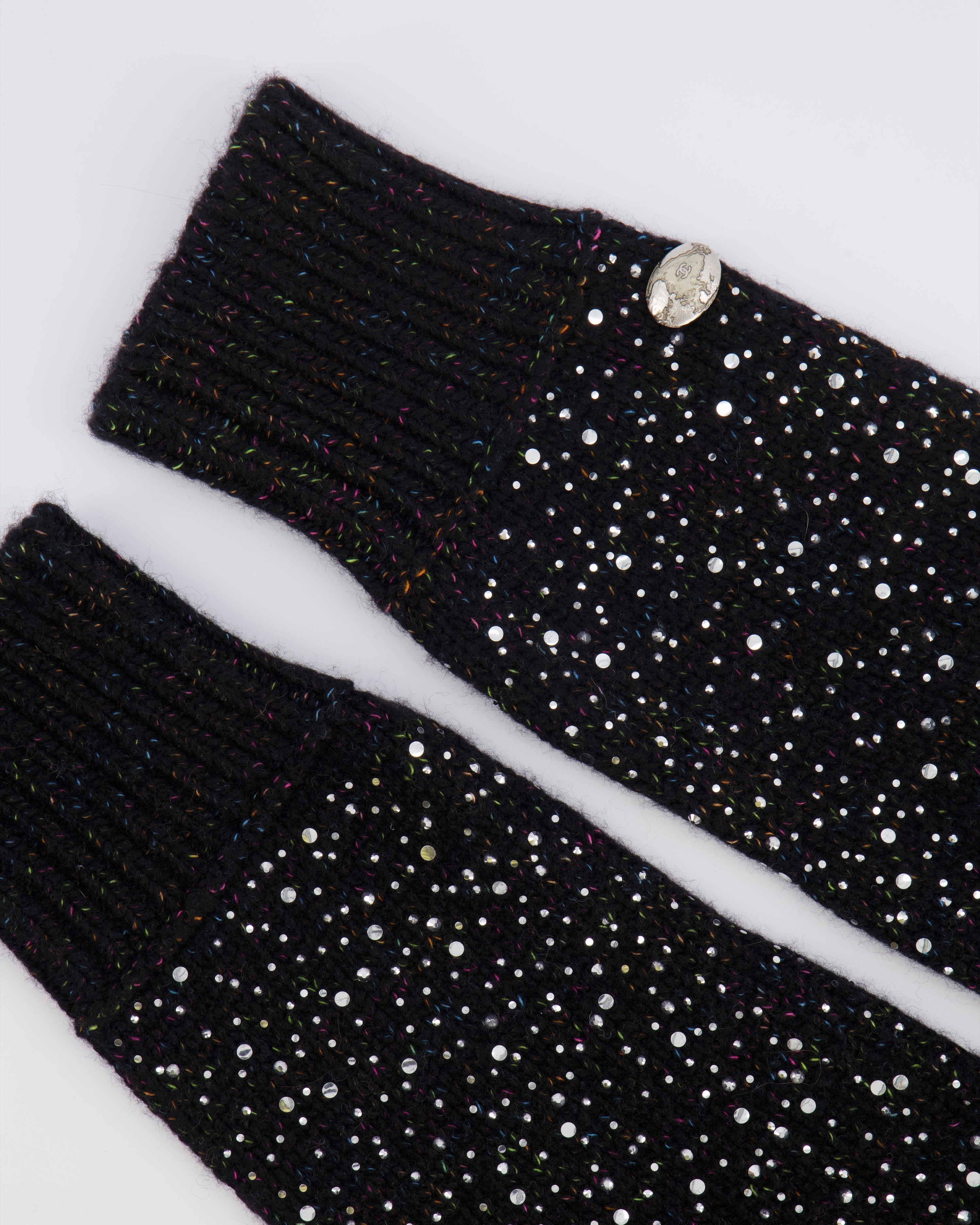 Chanel Black and Multi-Colour Wool Knitted Long Mitten Gloves with Silver Sequin Embellishments Size M