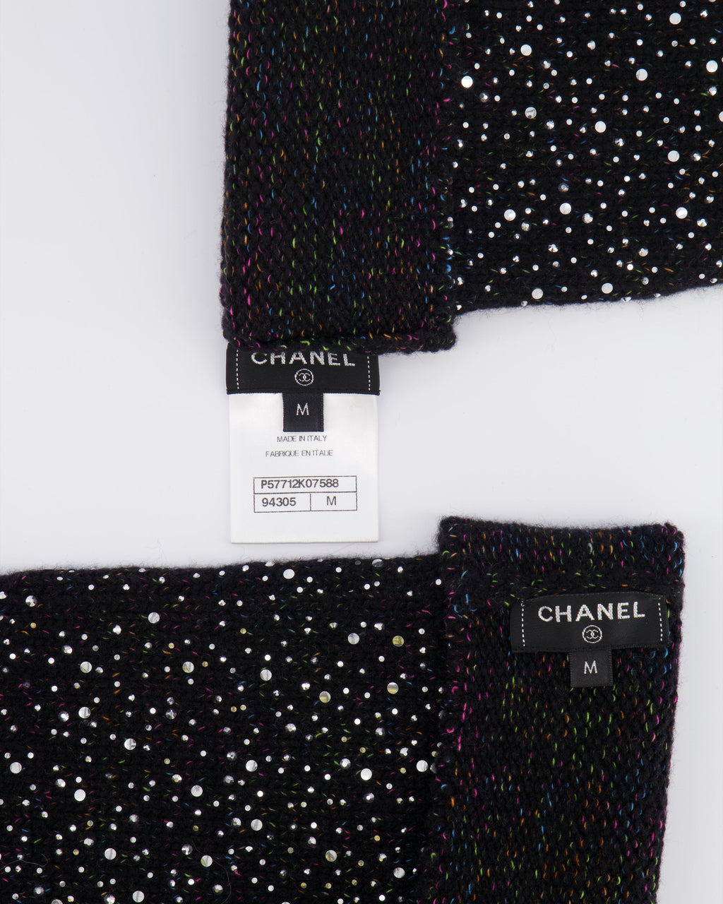 Chanel Black and Multi-Colour Wool Knitted Long Mitten Gloves with Silver Sequin Embellishments Size M