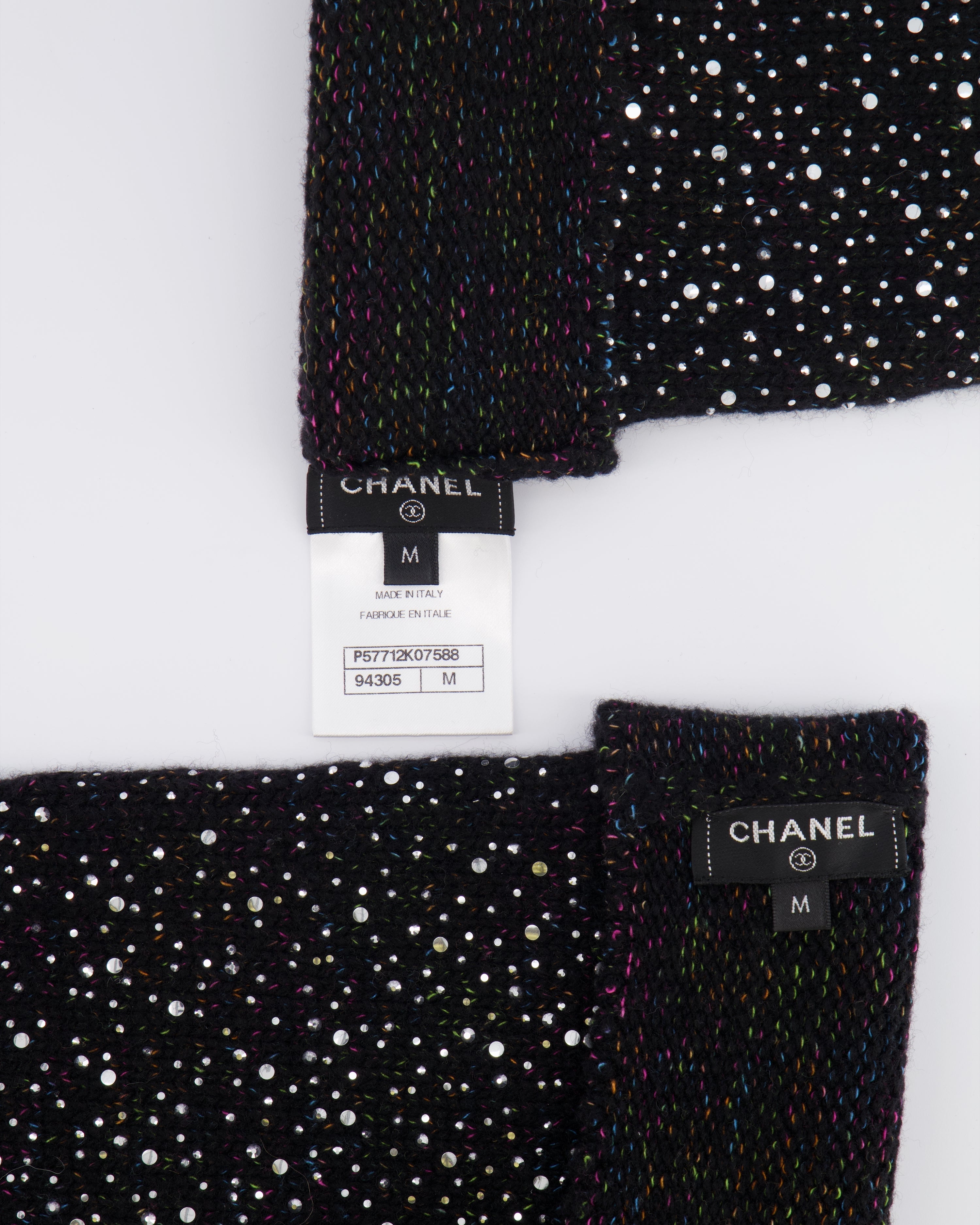 Chanel Black and Multi-Colour Wool Knitted Long Mitten Gloves with Silver Sequin Embellishments Size M