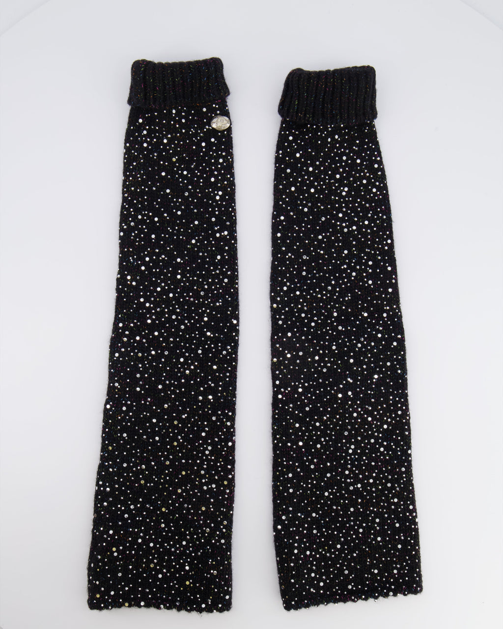 Chanel Black and Multi-Colour Wool Knitted Long Mitten Gloves with Silver Sequin Embellishments Size M