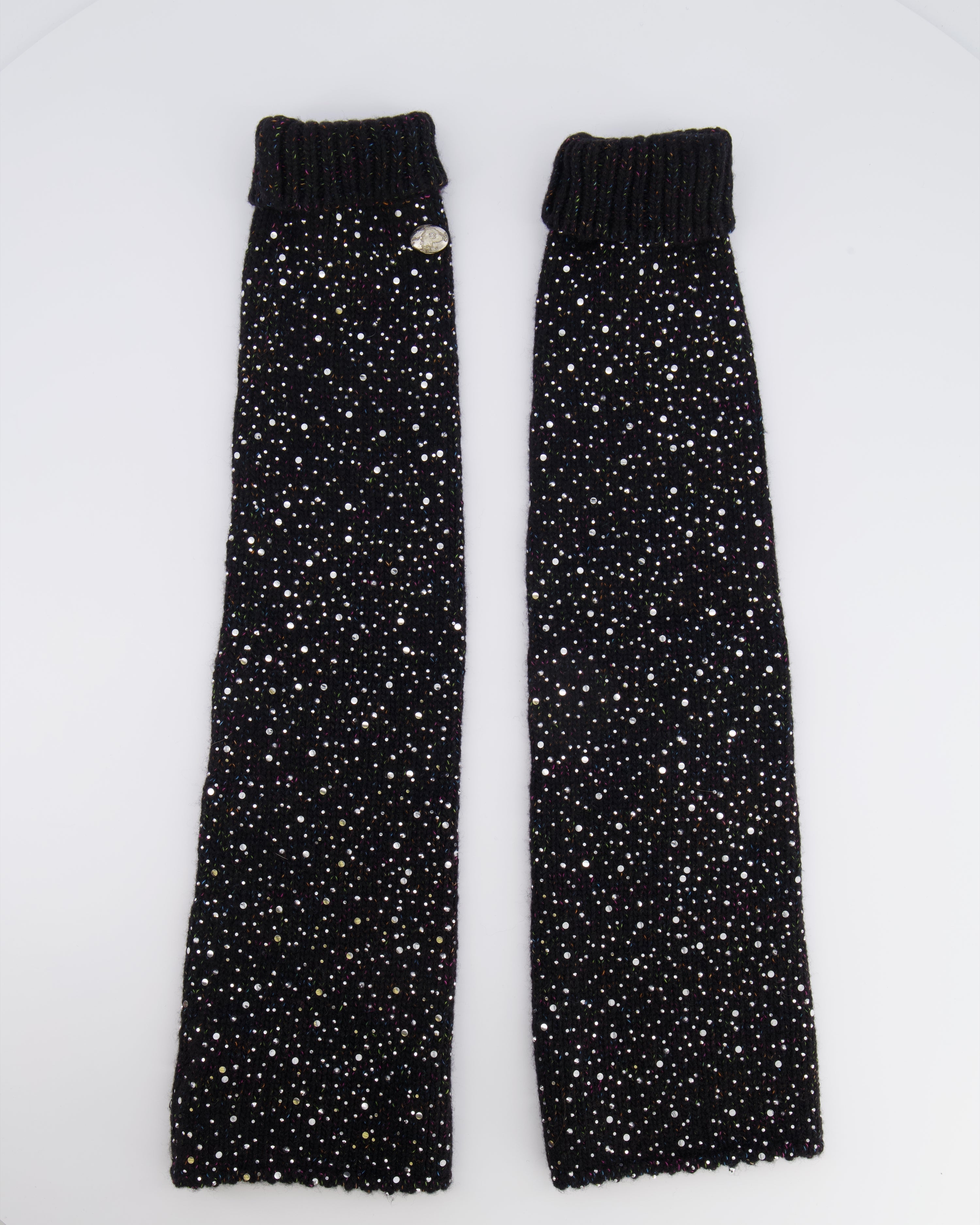 Chanel Black and Multi-Colour Wool Knitted Long Mitten Gloves with Silver Sequin Embellishments Size M