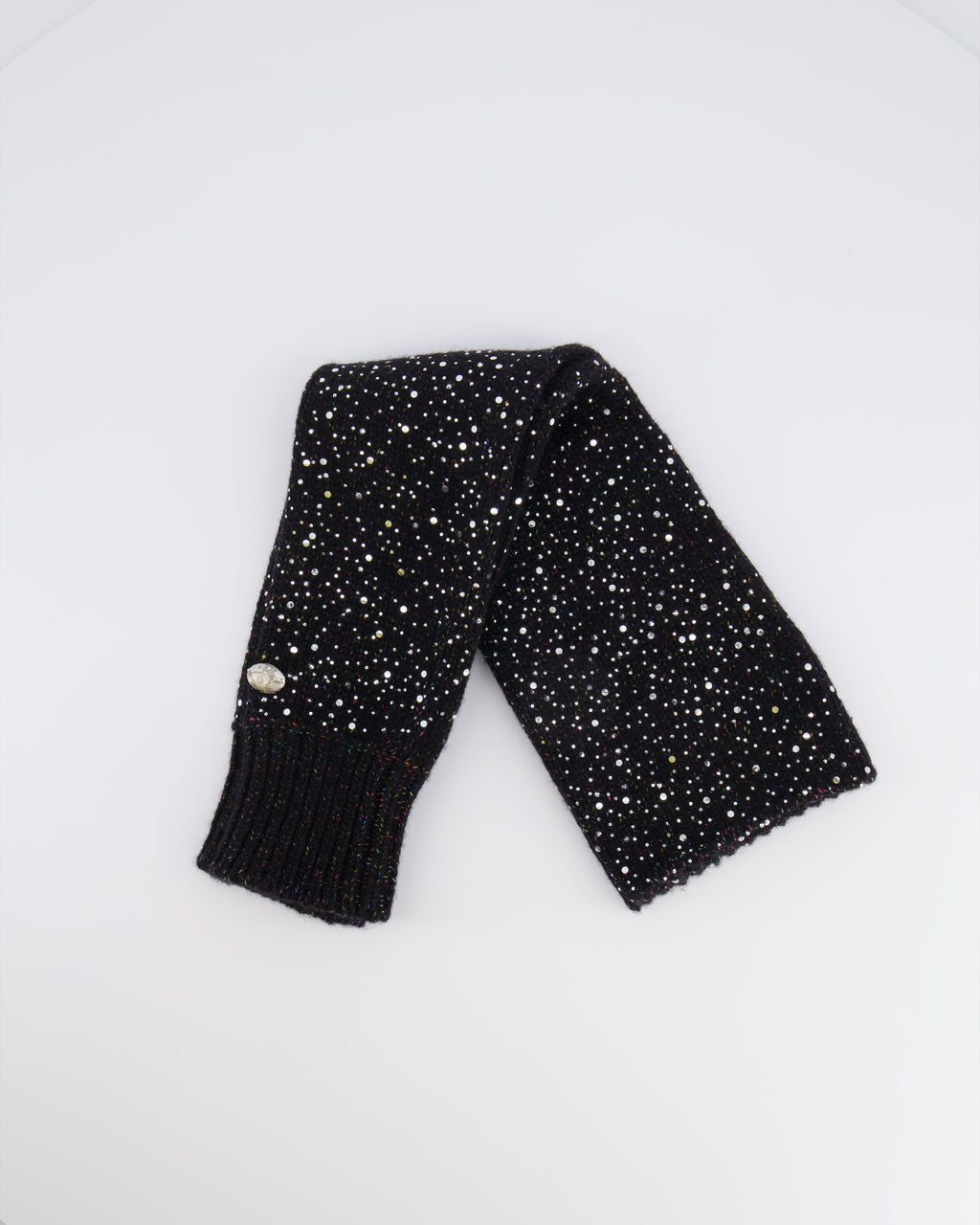 Chanel Black and Multi-Colour Wool Knitted Long Mitten Gloves with Silver Sequin Embellishments Size M