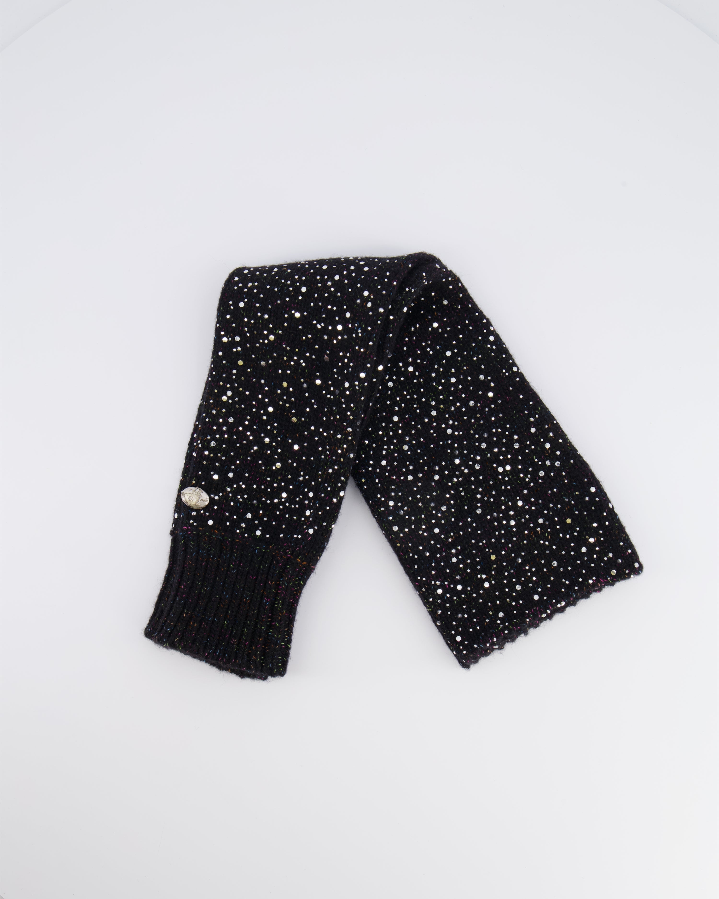 Chanel Black and Multi-Colour Wool Knitted Long Mitten Gloves with Silver Sequin Embellishments Size M