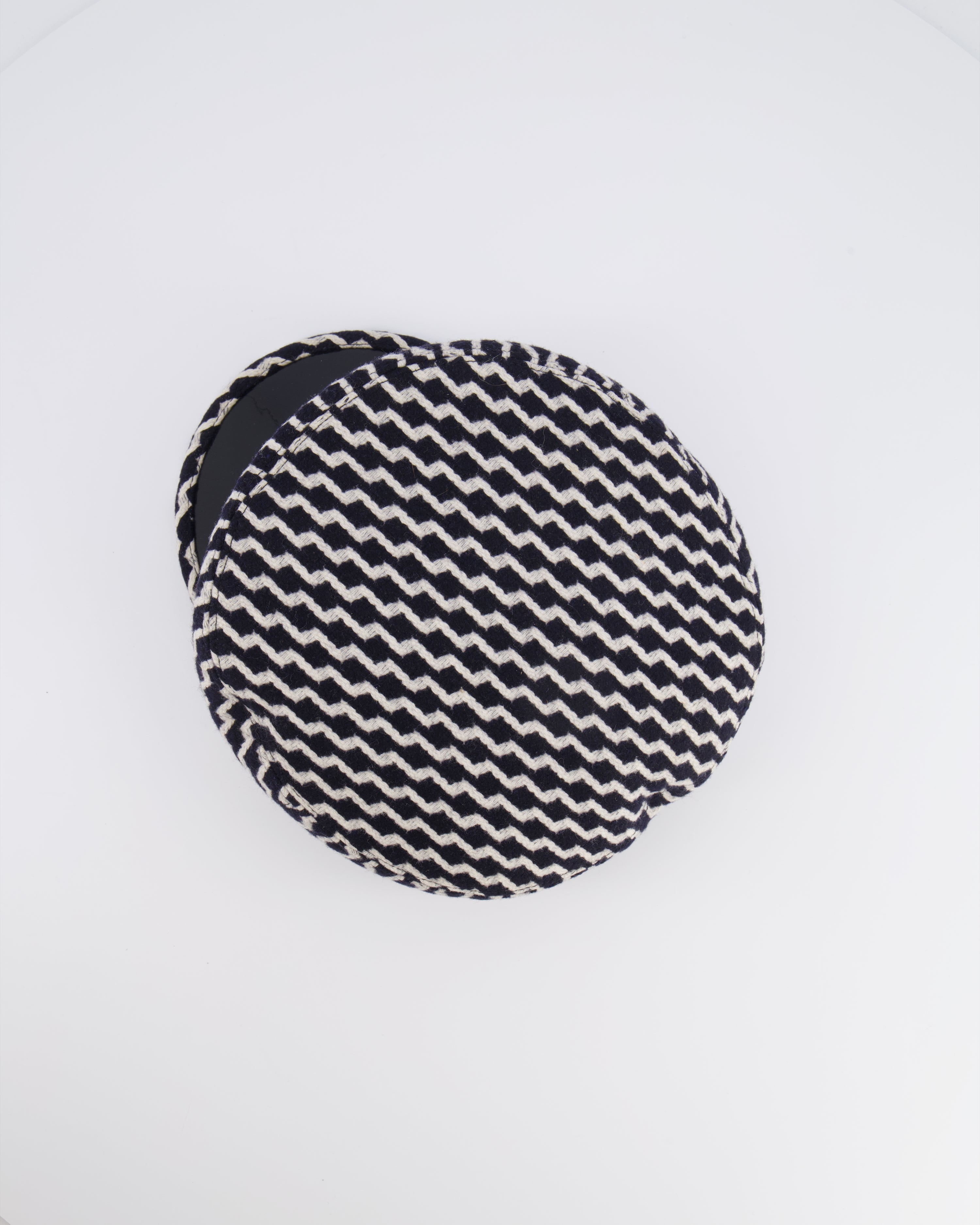 Chanel Black and White Wool Casket Hat with Vinyl Brim and Black CC Logo Detail Size M
