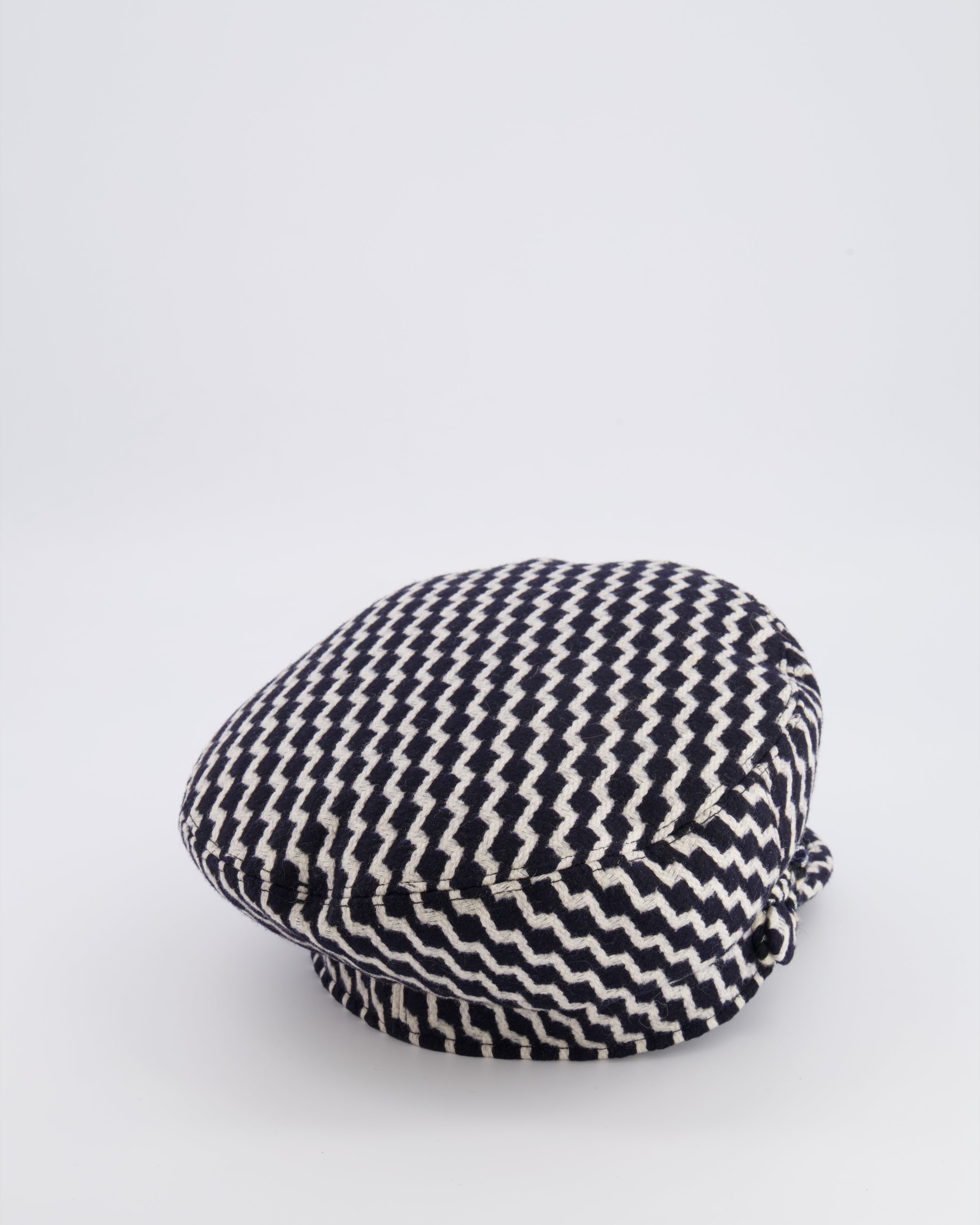 Chanel Black and White Wool Casket Hat with Vinyl Brim and Black CC Logo Detail Size M