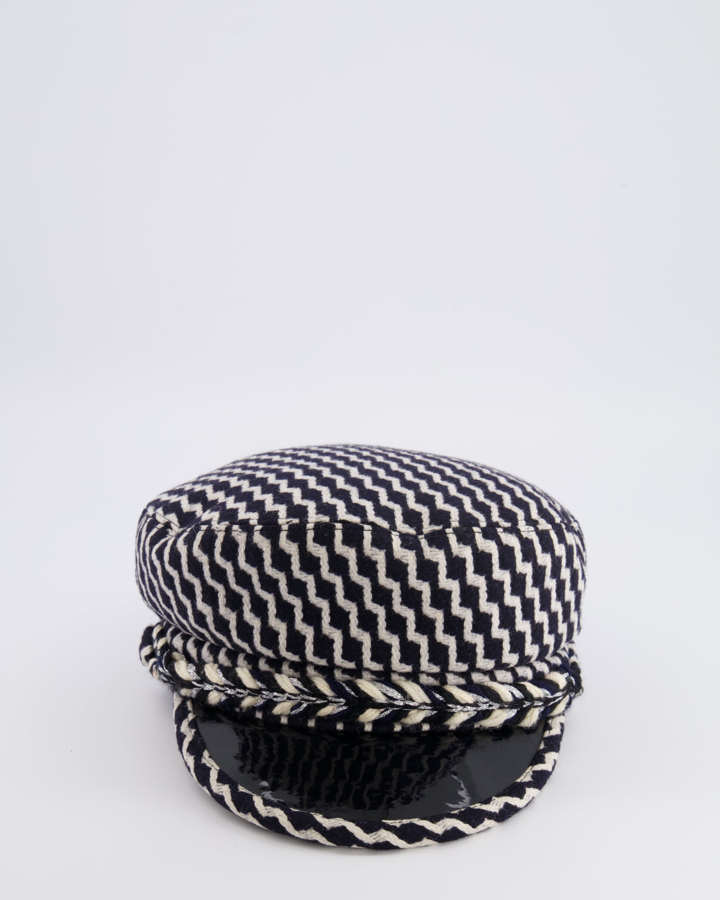 Chanel Black and White Wool Casket Hat with Vinyl Brim and Black CC Logo Detail Size M