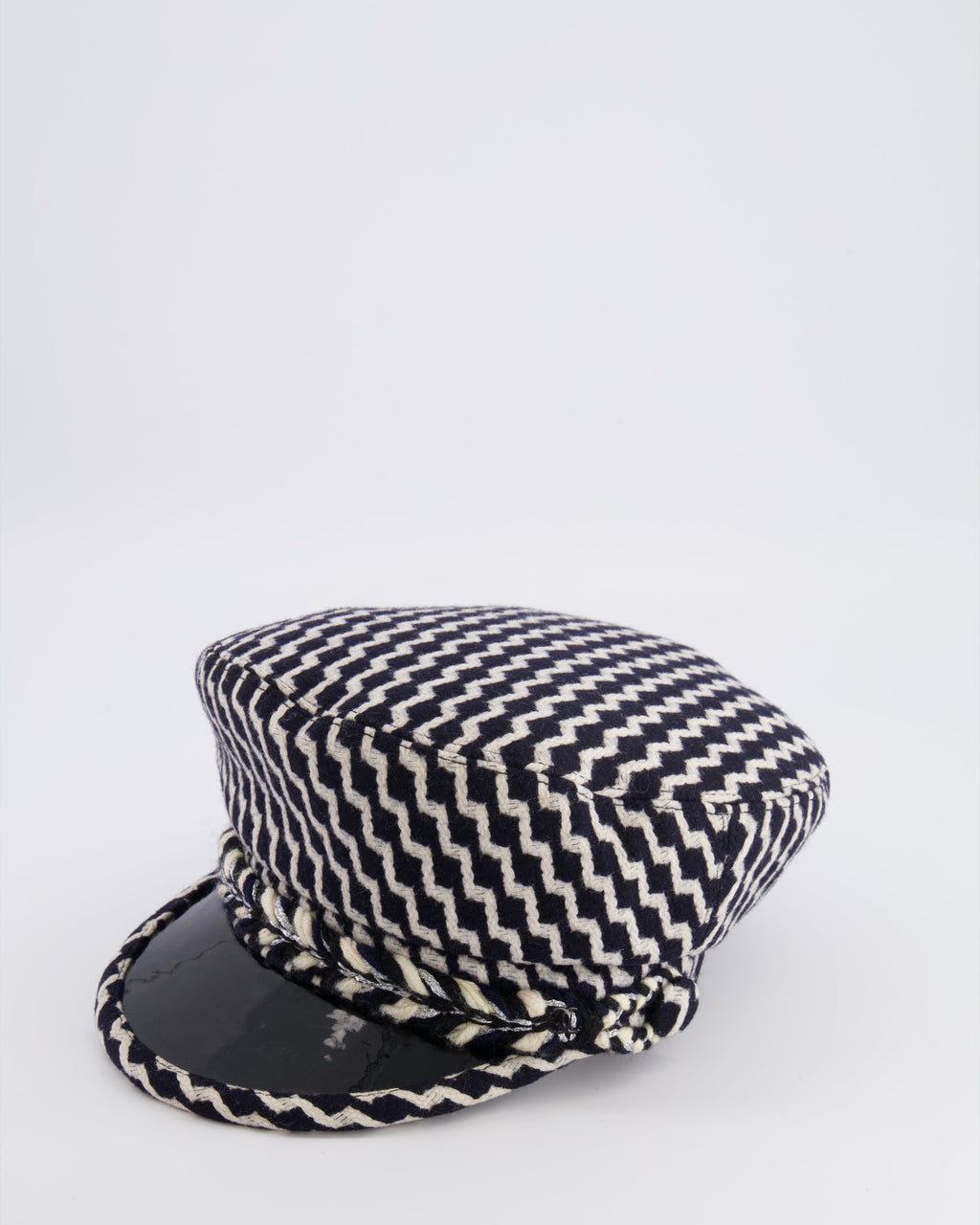 Chanel Black and White Wool Casket Hat with Vinyl Brim and Black CC Logo Detail Size M
