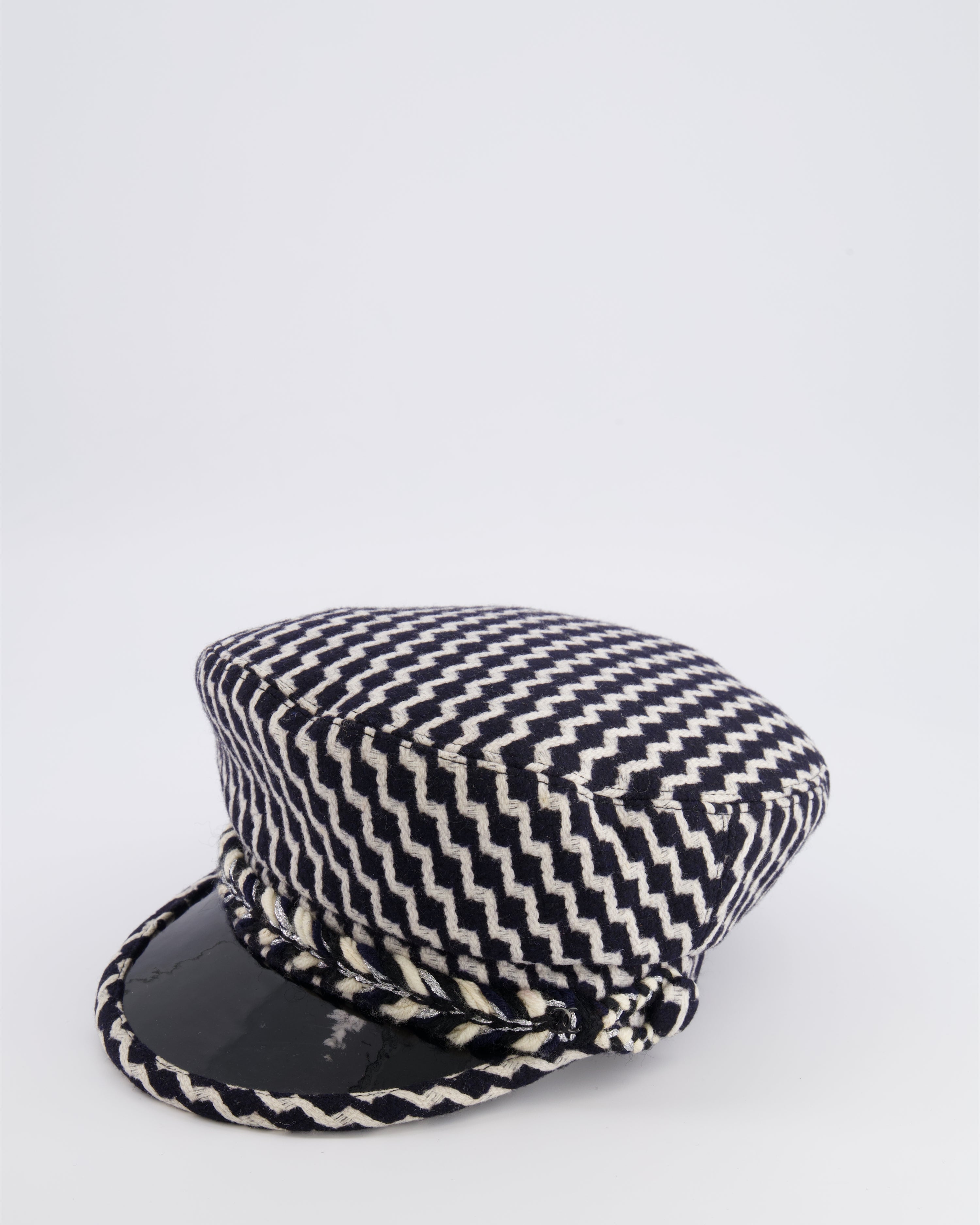 Chanel Black and White Wool Casket Hat with Vinyl Brim and Black CC Logo Detail Size M