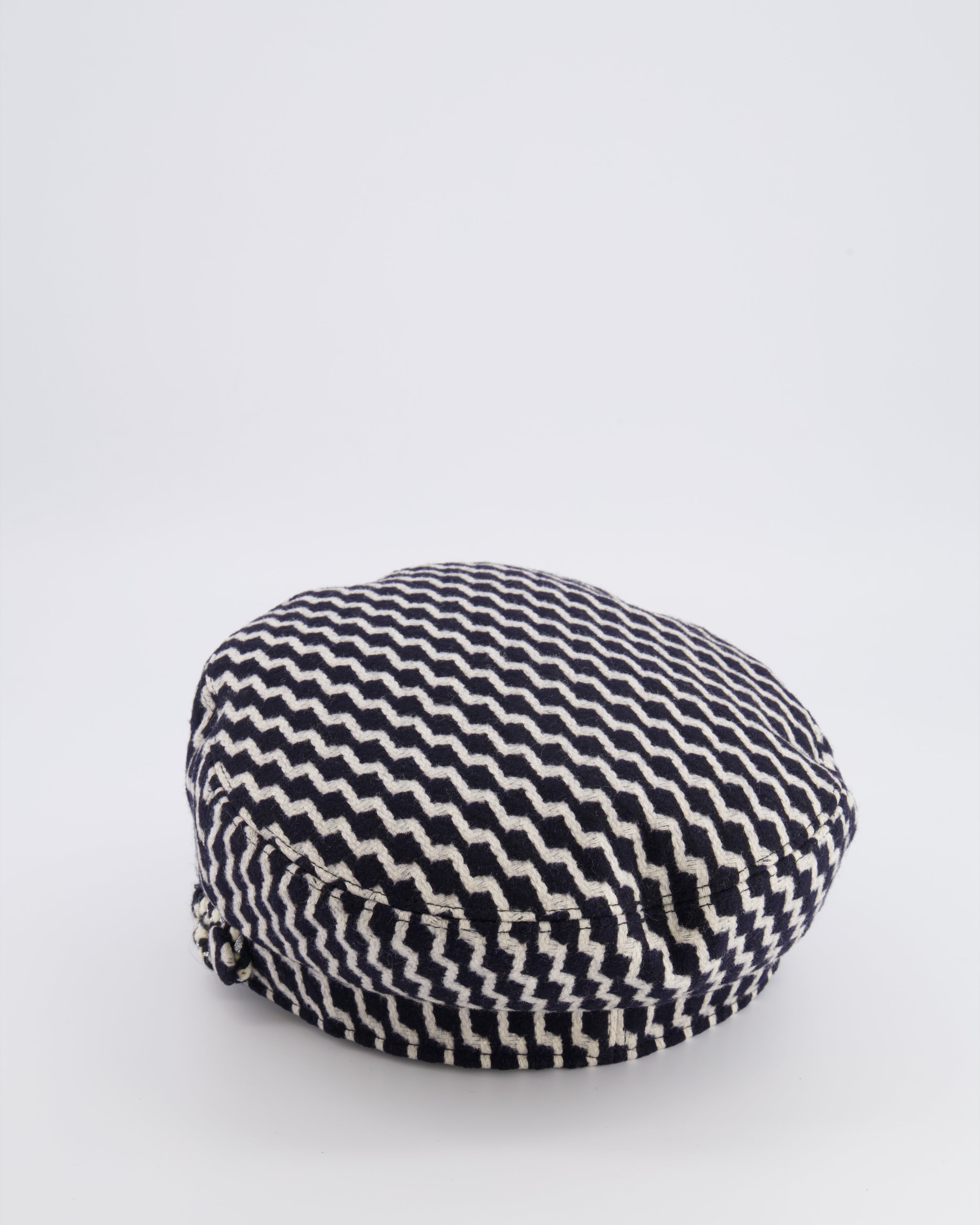 Chanel Black and White Wool Casket Hat with Vinyl Brim and Black CC Logo Detail Size M