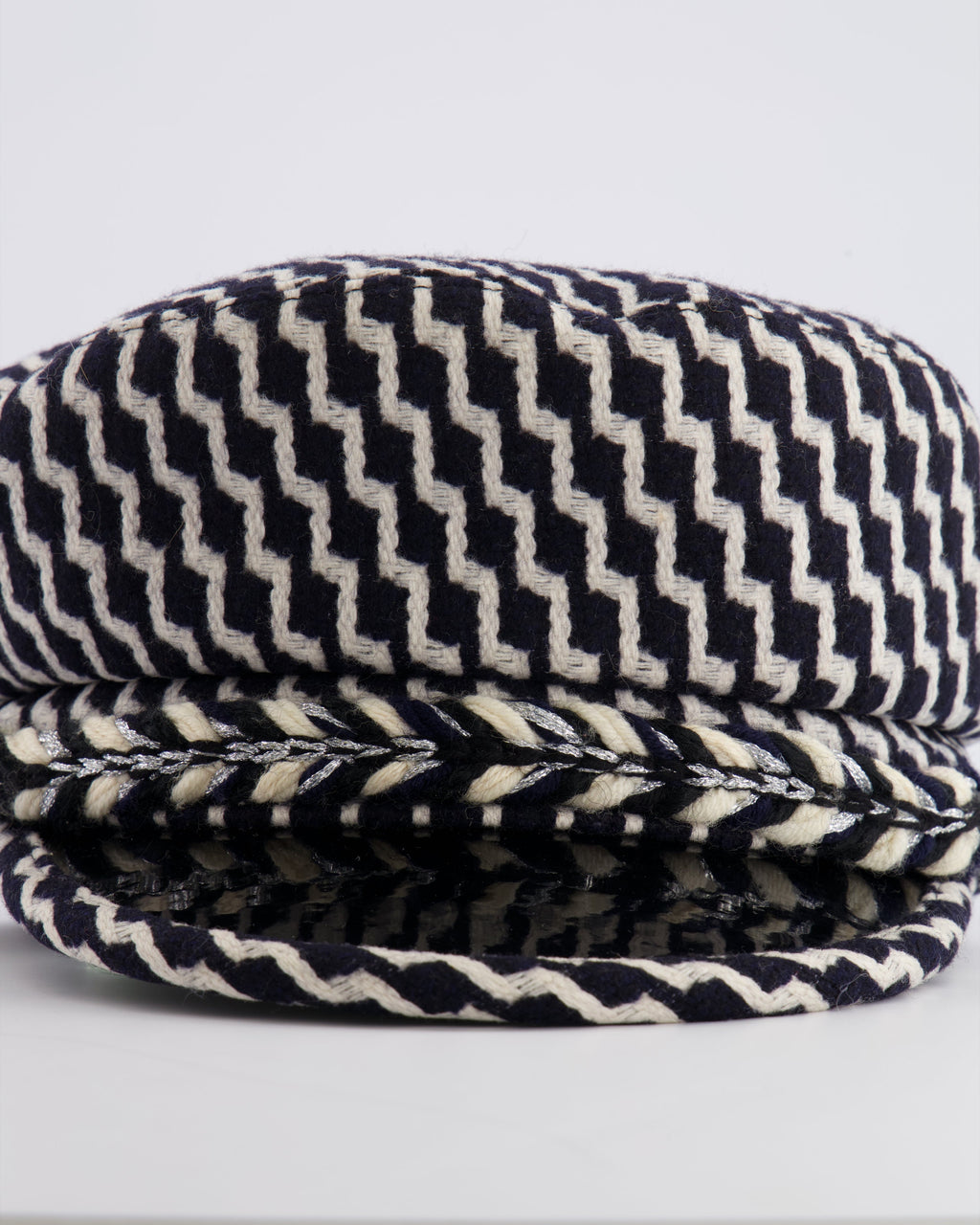 Chanel Black and White Wool Casket Hat with Vinyl Brim and Black CC Logo Detail Size M