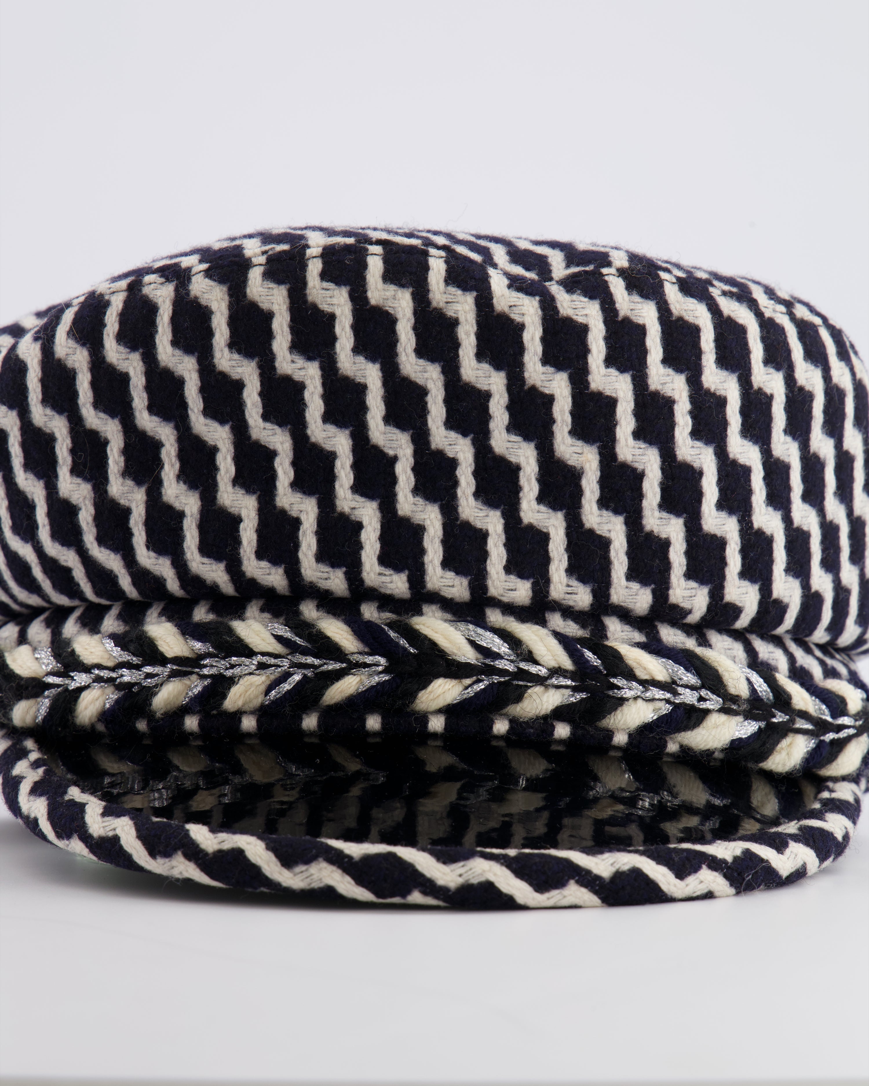 Chanel Black and White Wool Casket Hat with Vinyl Brim and Black CC Logo Detail Size M