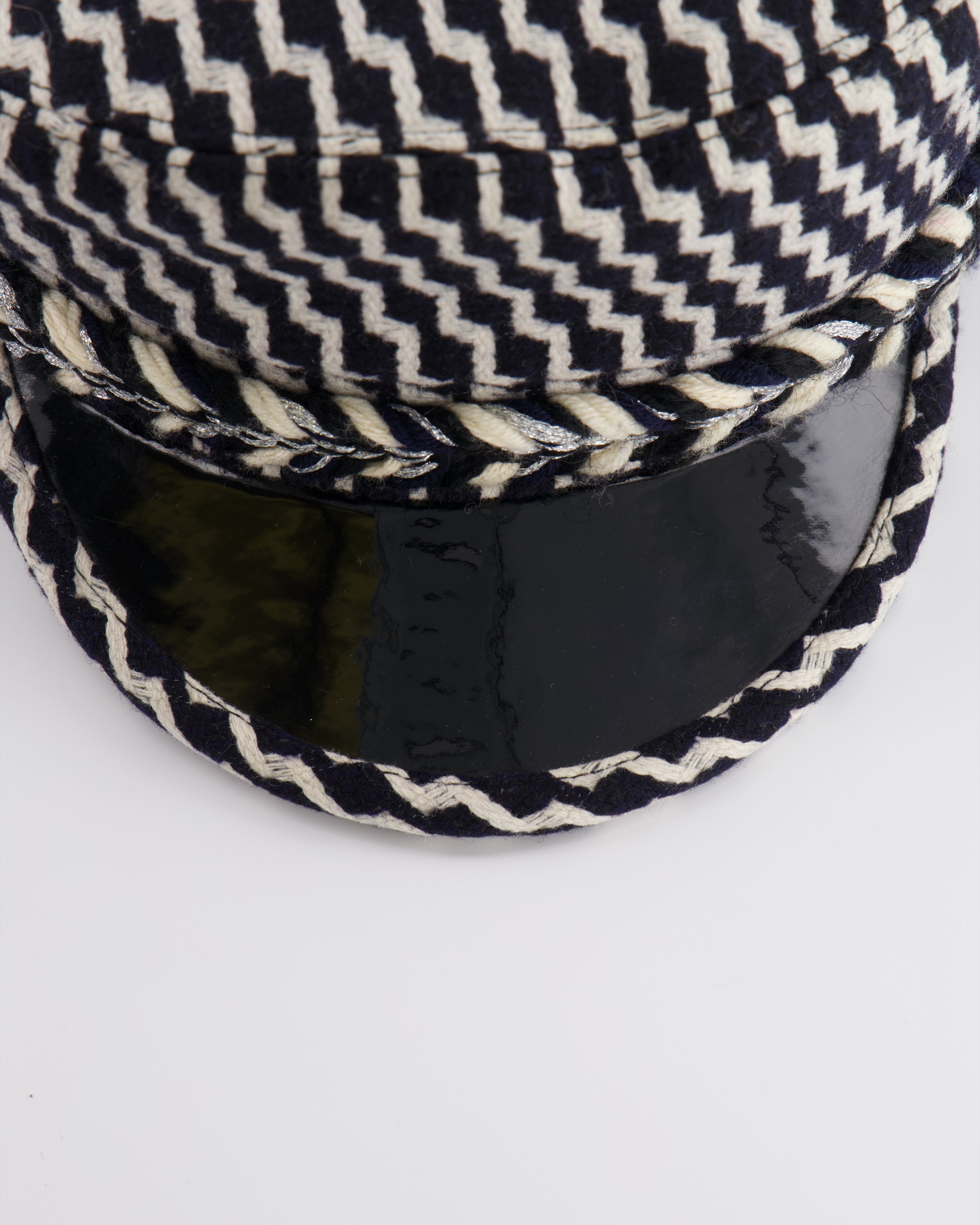 Chanel Black and White Wool Casket Hat with Vinyl Brim and Black CC Logo Detail Size M