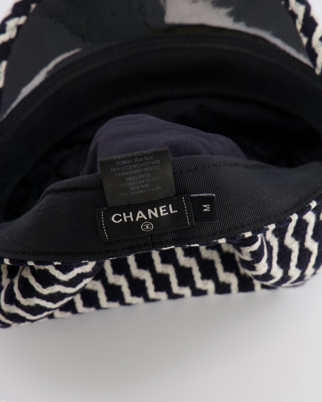 Chanel Black and White Wool Casket Hat with Vinyl Brim and Black CC Logo Detail Size M