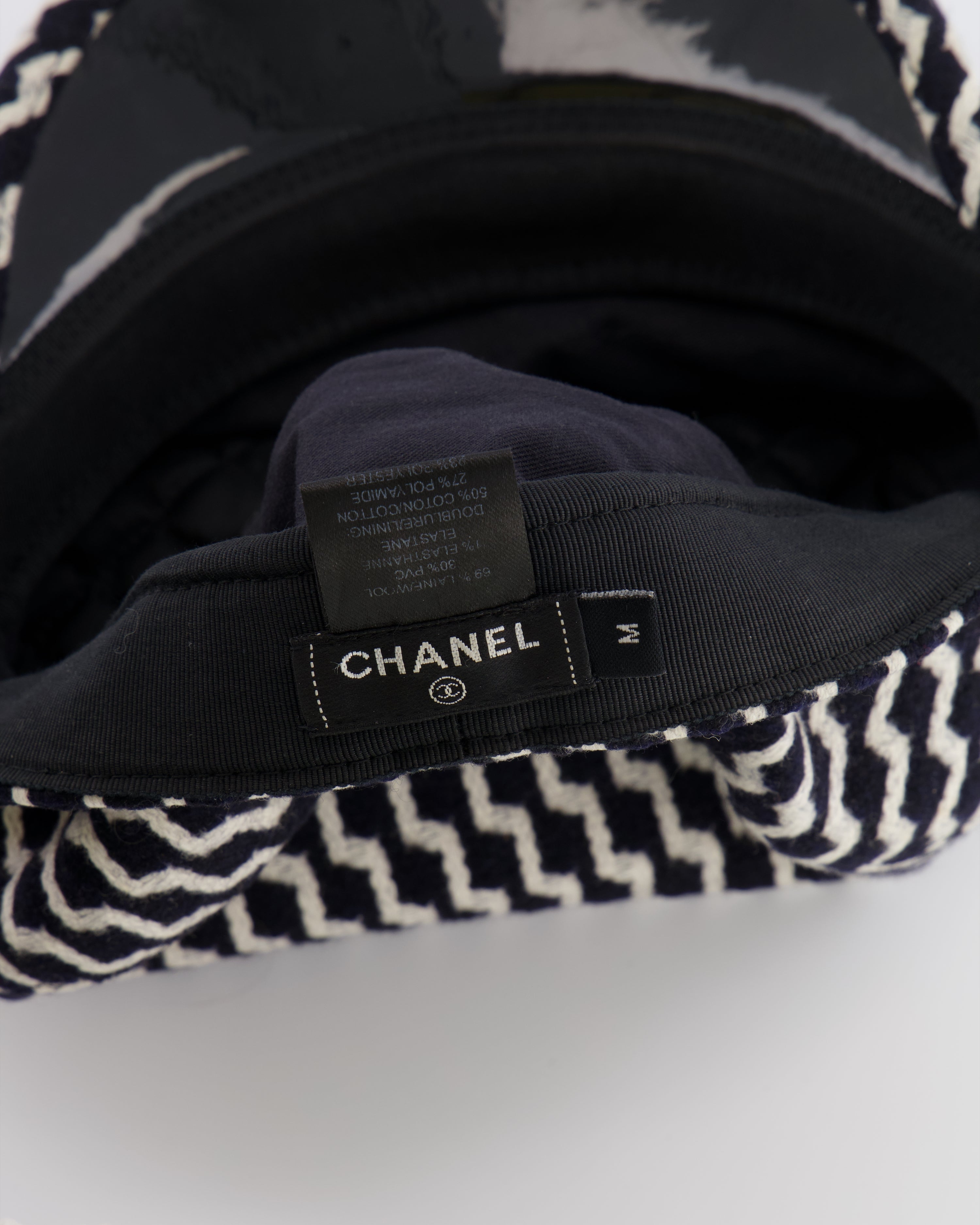 Chanel Black and White Wool Casket Hat with Vinyl Brim and Black CC Logo Detail Size M