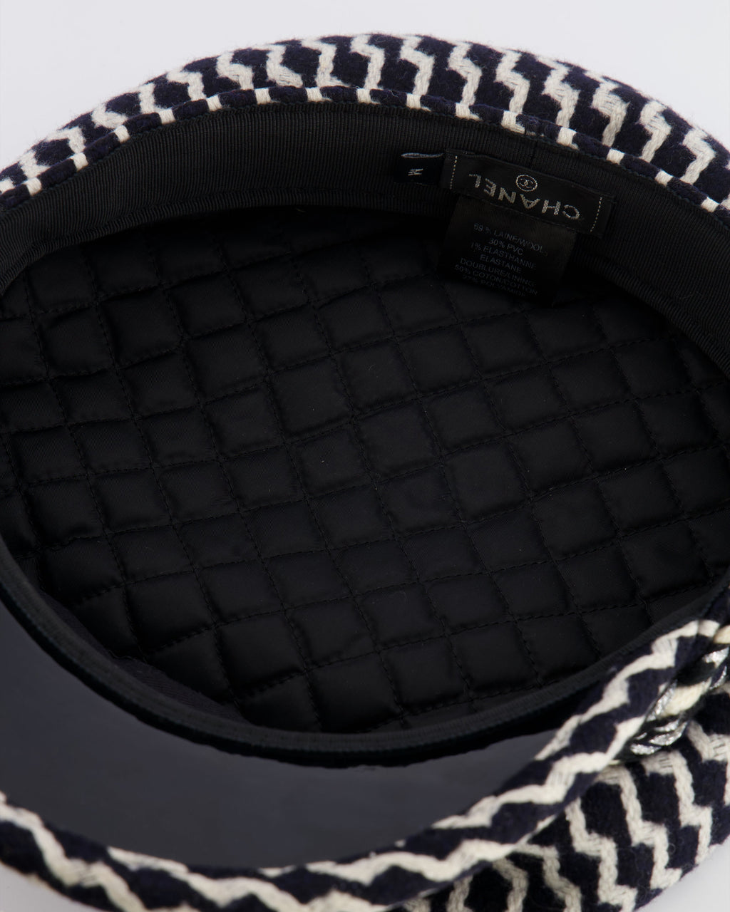 Chanel Black and White Wool Casket Hat with Vinyl Brim and Black CC Logo Detail Size M