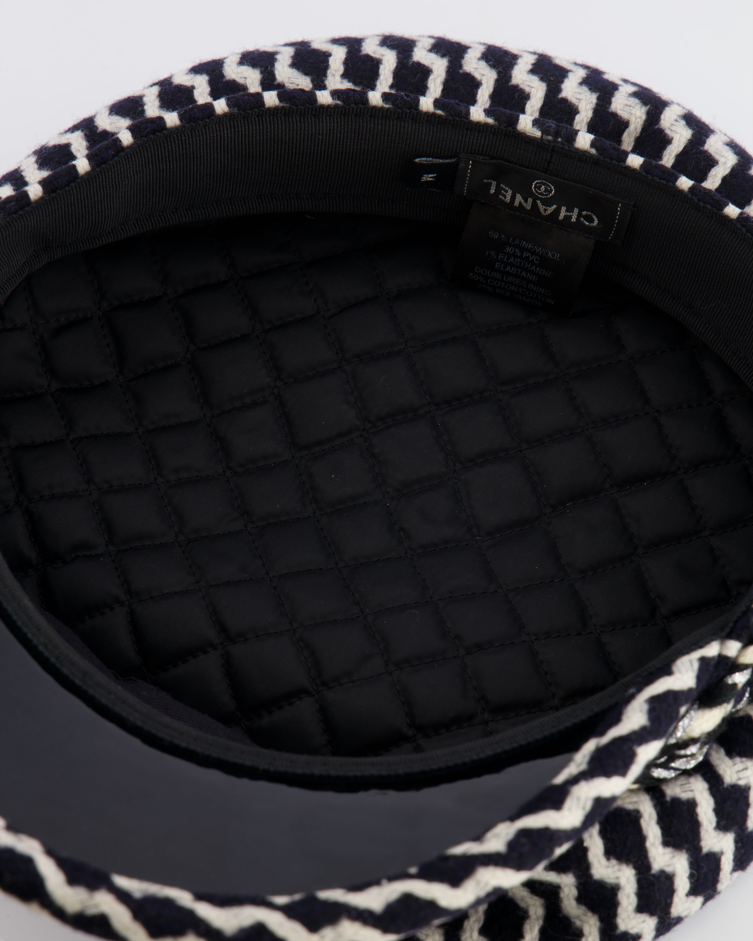 Chanel Black and White Wool Casket Hat with Vinyl Brim and Black CC Logo Detail Size M