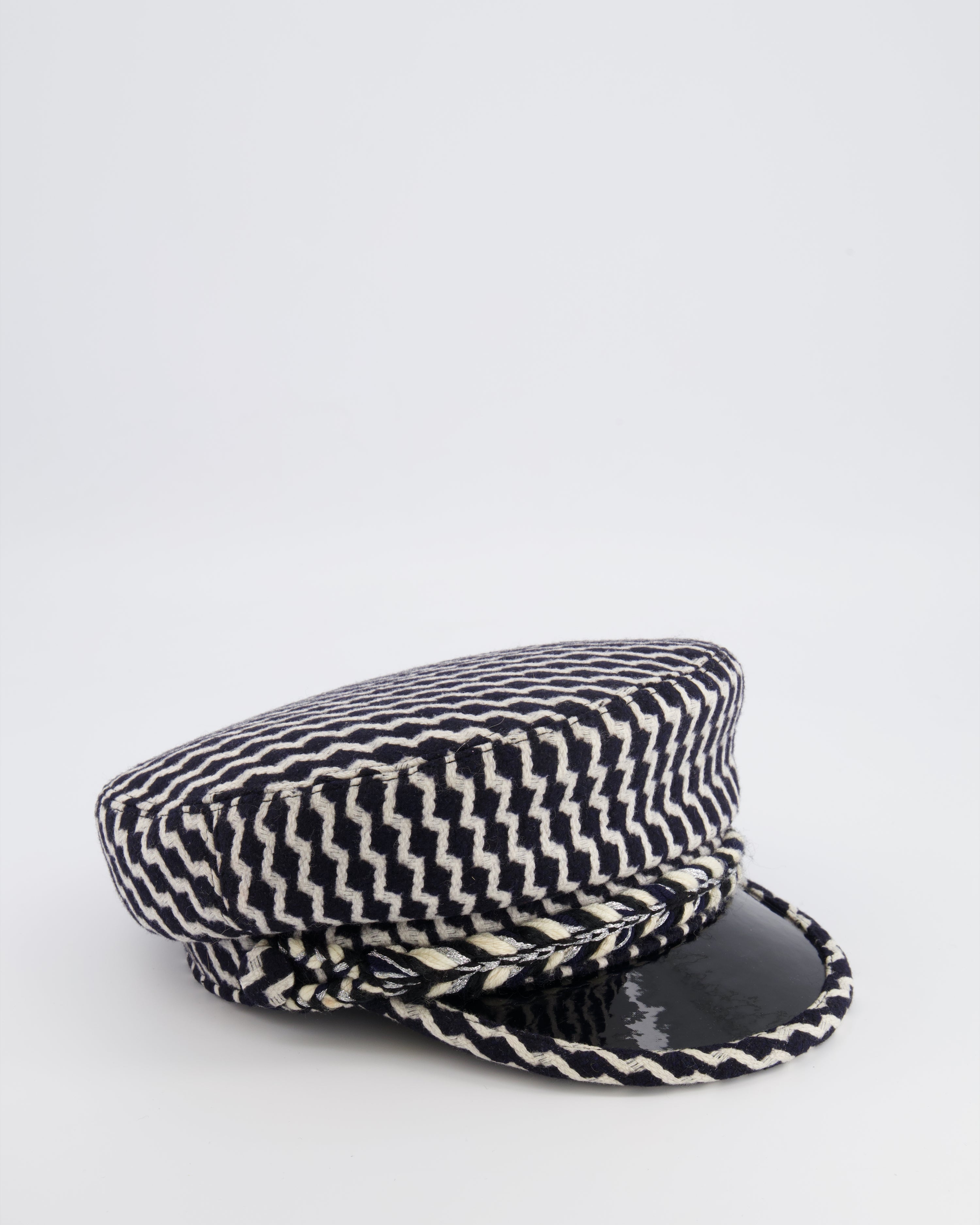 Chanel Black and White Wool Casket Hat with Vinyl Brim and Black CC Logo Detail Size M