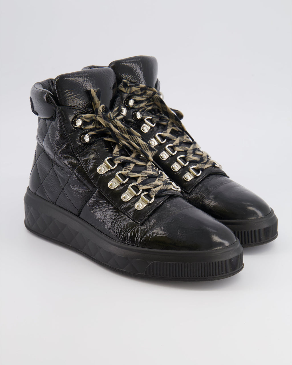 Chanel Black Quilted Calfskin Leather Boots with Embroidered Back Logo and Beige and Black Laces Size EU 39
